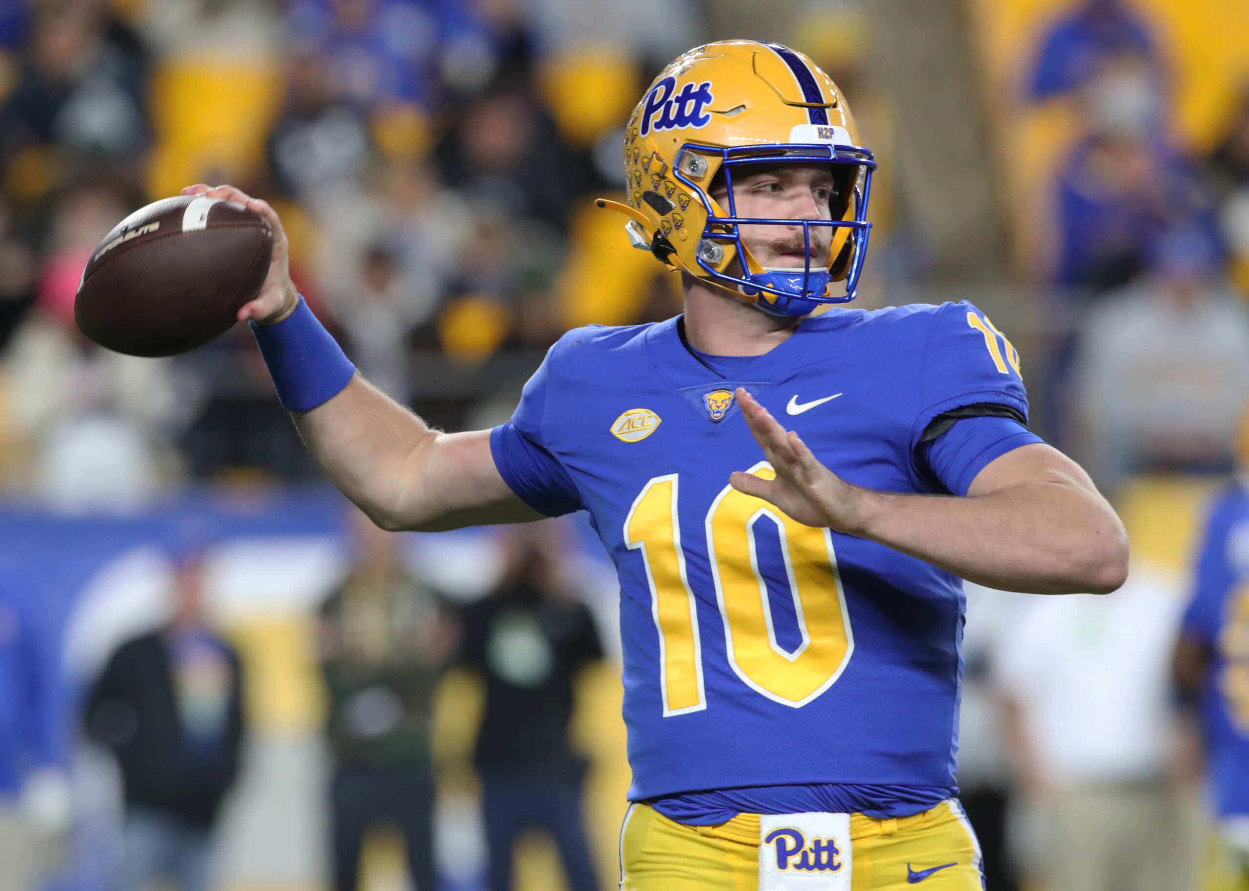 Nov 9, 2024; Pittsburgh, Pennsylvania, USA; Pittsburgh Panthers quarterback Eli Holstein (10) passes against the Virginia Cavaliers during the first quarter at Acrisure Stadium. Mandatory Credit: Charles LeClaire-Imagn Images