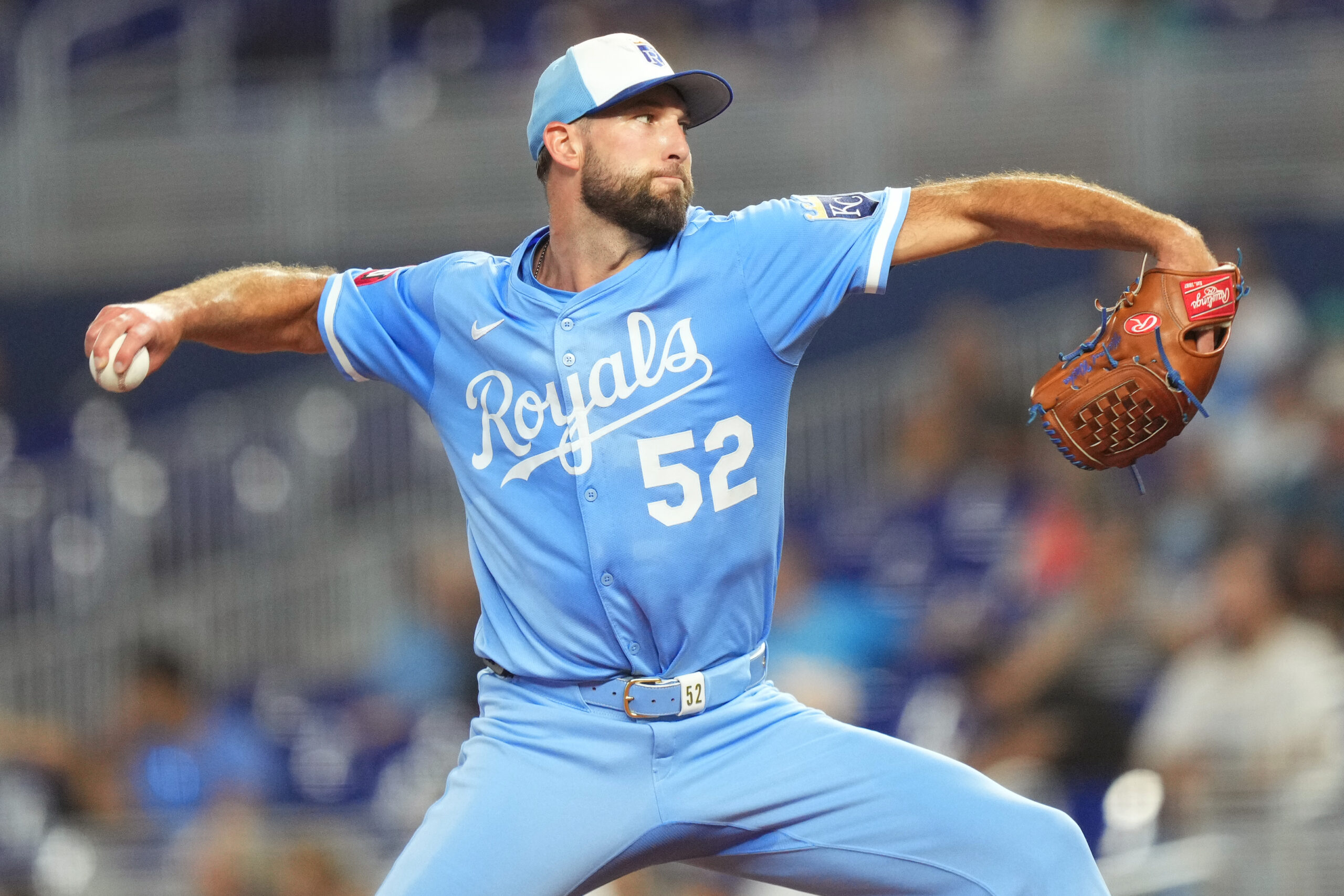 Jul 19, 2025; Miami, Florida, USA;  Kansas City Royals pitcher Michael Wacha (52) pitches against the Miami Marlins in the first inning at loanDepot Park. Mandatory Credit: Jim Rassol-Imagn Images
