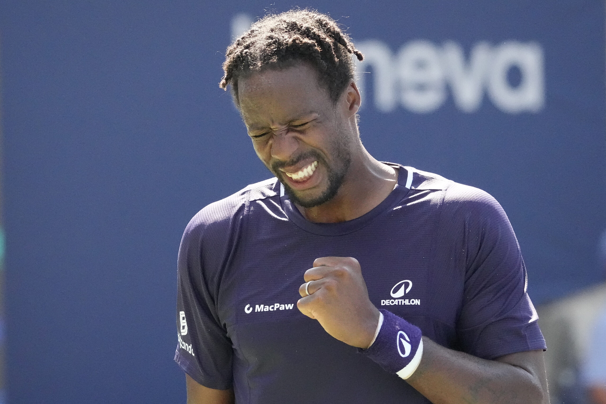 Jul 27, 2025; Toronto, ON, Canada; Gael Monfils (FRA) reacts after winning a point against Tomas Barrios Vera (not pictured) in first round play at Sobeys Stadium. Mandatory Credit: John E. Sokolowski-Imagn Images