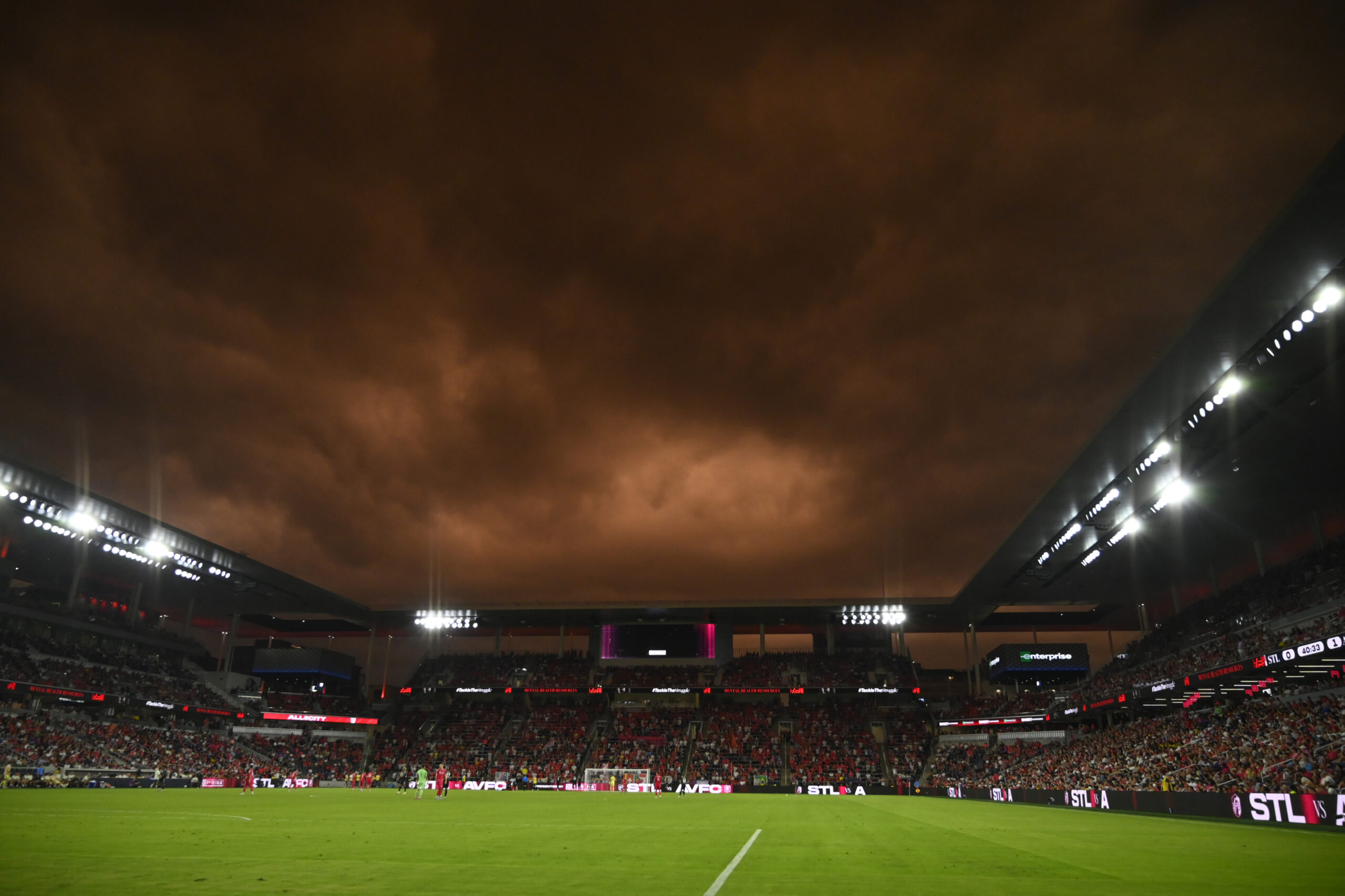 Jul 30, 2025; St. Louis, Missouri, USA; A general view of Energizer park during a match between St. Louis City and Aston Villa in the first half at Energizer Park. Mandatory Credit: Joe Puetz-Imagn Images