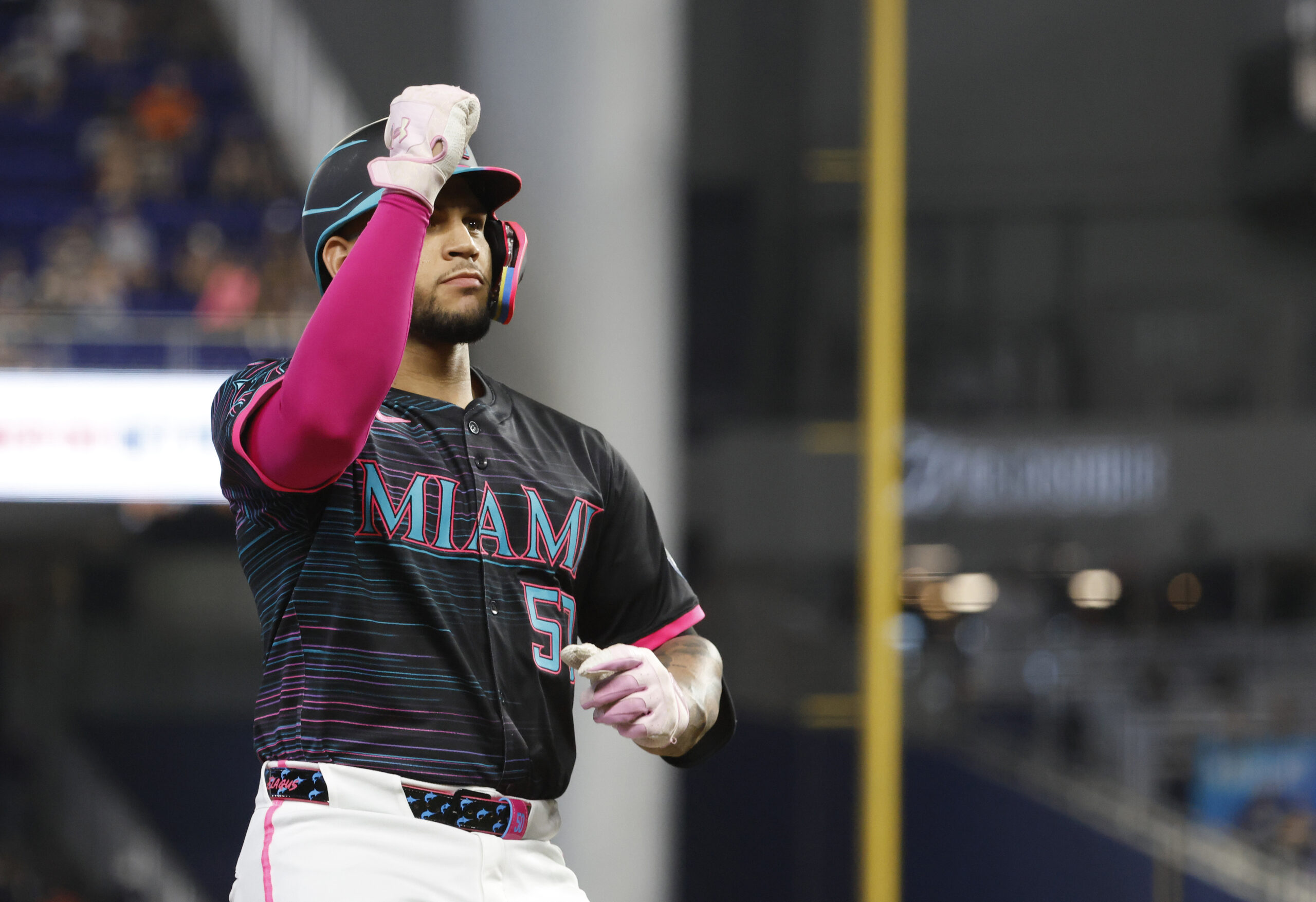 Aug 2, 2025; Miami, Florida, USA;  Miami Marlins catcher Agustin Ramirez (50) reacts to his home run against the New York Yankees during the first inning at loanDepot Park. Mandatory Credit: Rhona Wise-Imagn Images
