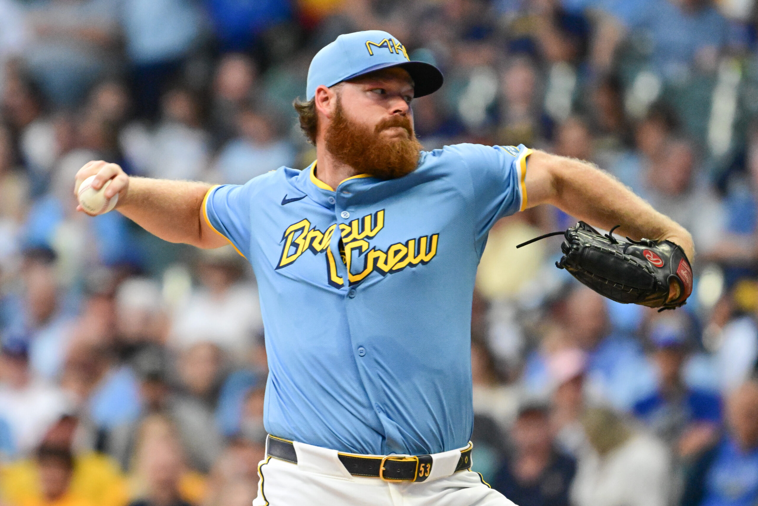 Aug 8, 2025; Milwaukee, Wisconsin, USA; Milwaukee Brewers starting pitcher Brandon Woodruff (53) throws a pitch in the first inning against the New York Mets at American Family Field. Mandatory Credit: Benny Sieu-Imagn Images