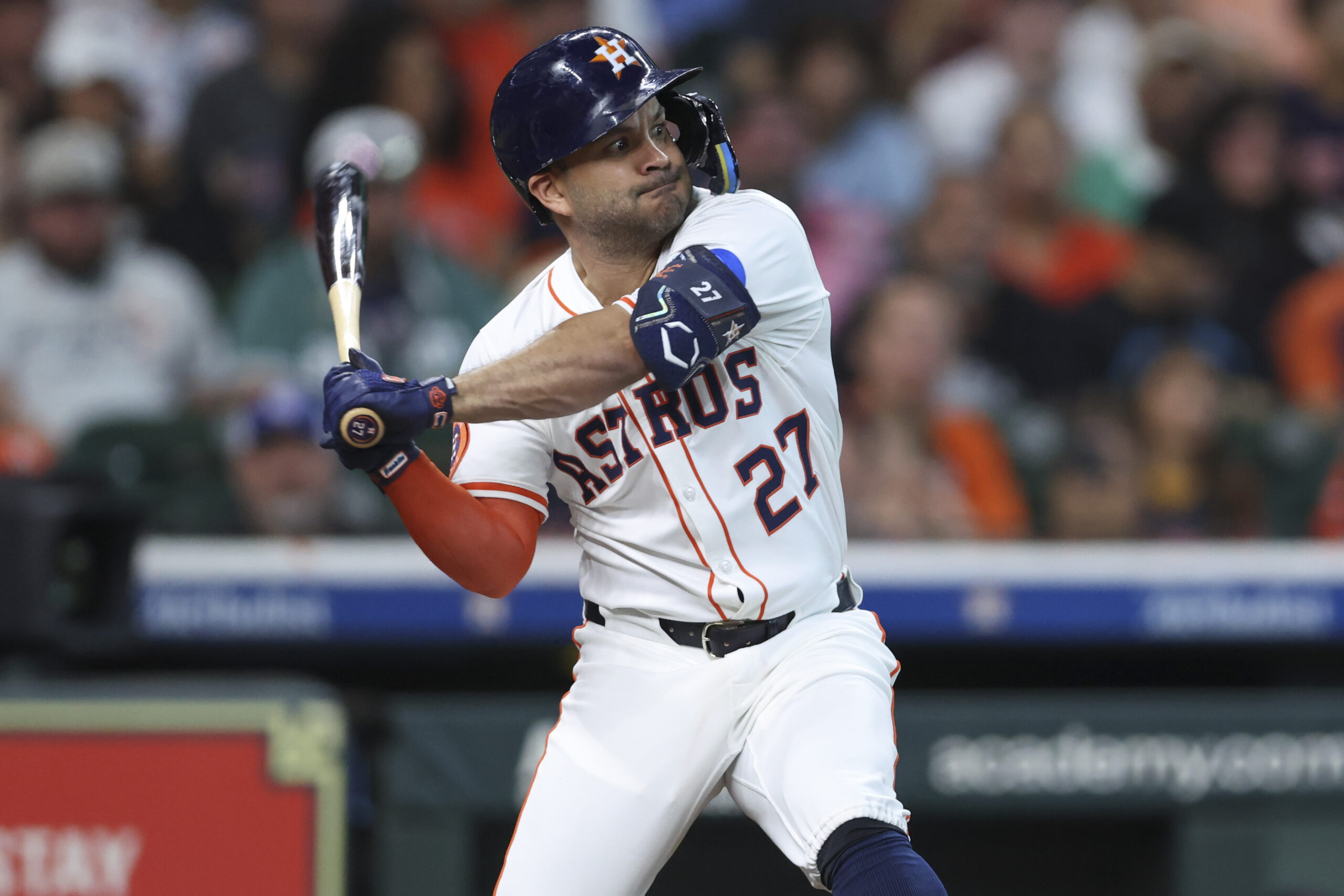 Aug 12, 2025; Houston, Texas, USA; Houston Astros designated hitter Jose Altuve (27) bats during the game against the Boston Red Sox at Daikin Park. Mandatory Credit: Troy Taormina-Imagn Images