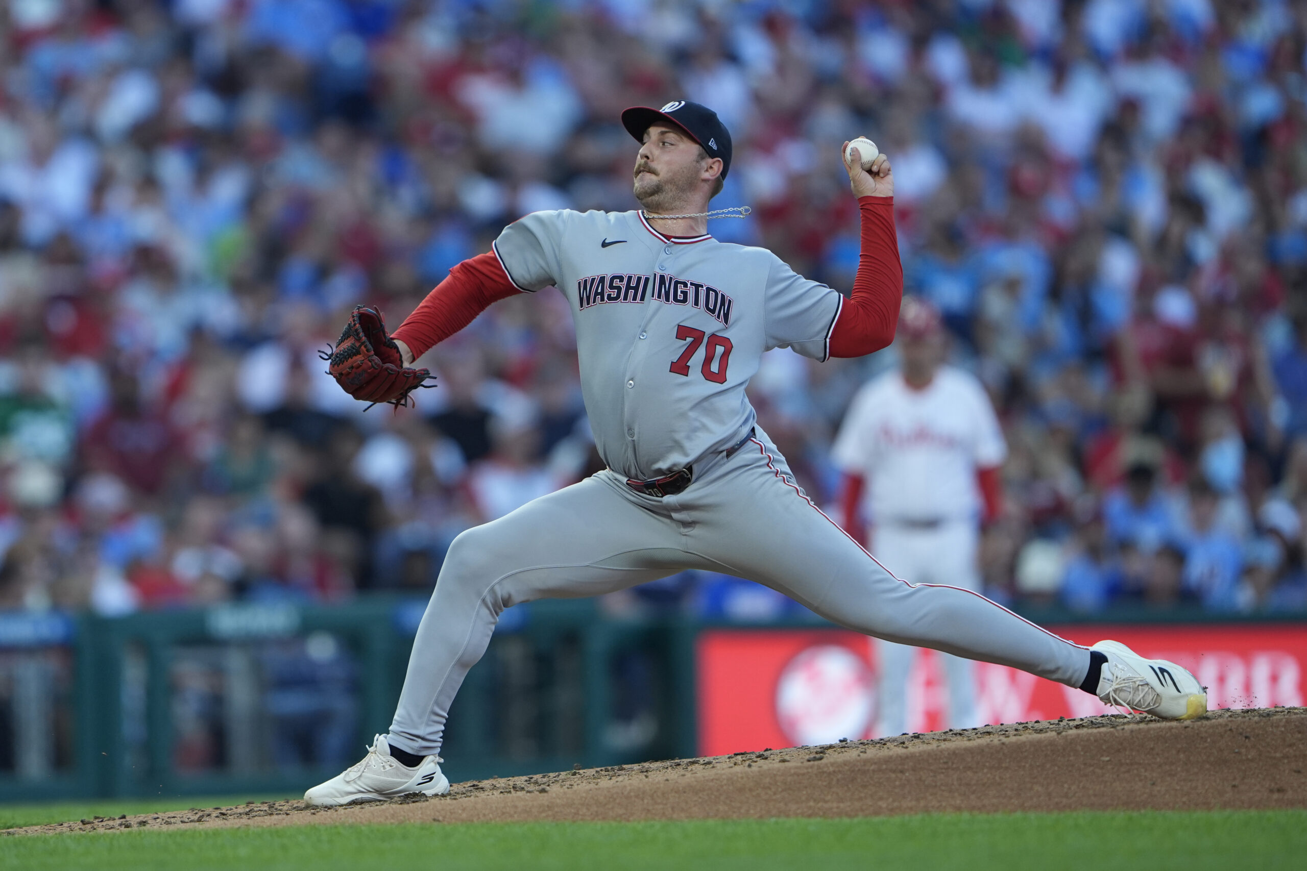 Aug 23, 2025; Philadelphia, Pennsylvania, USA; Washington Nationals pitcher Mitchell Parker (70) delivers a pitch against the Philadelphia Phillies during the second inning at Citizens Bank Park. Mandatory Credit: Gregory Fisher-Imagn Images
