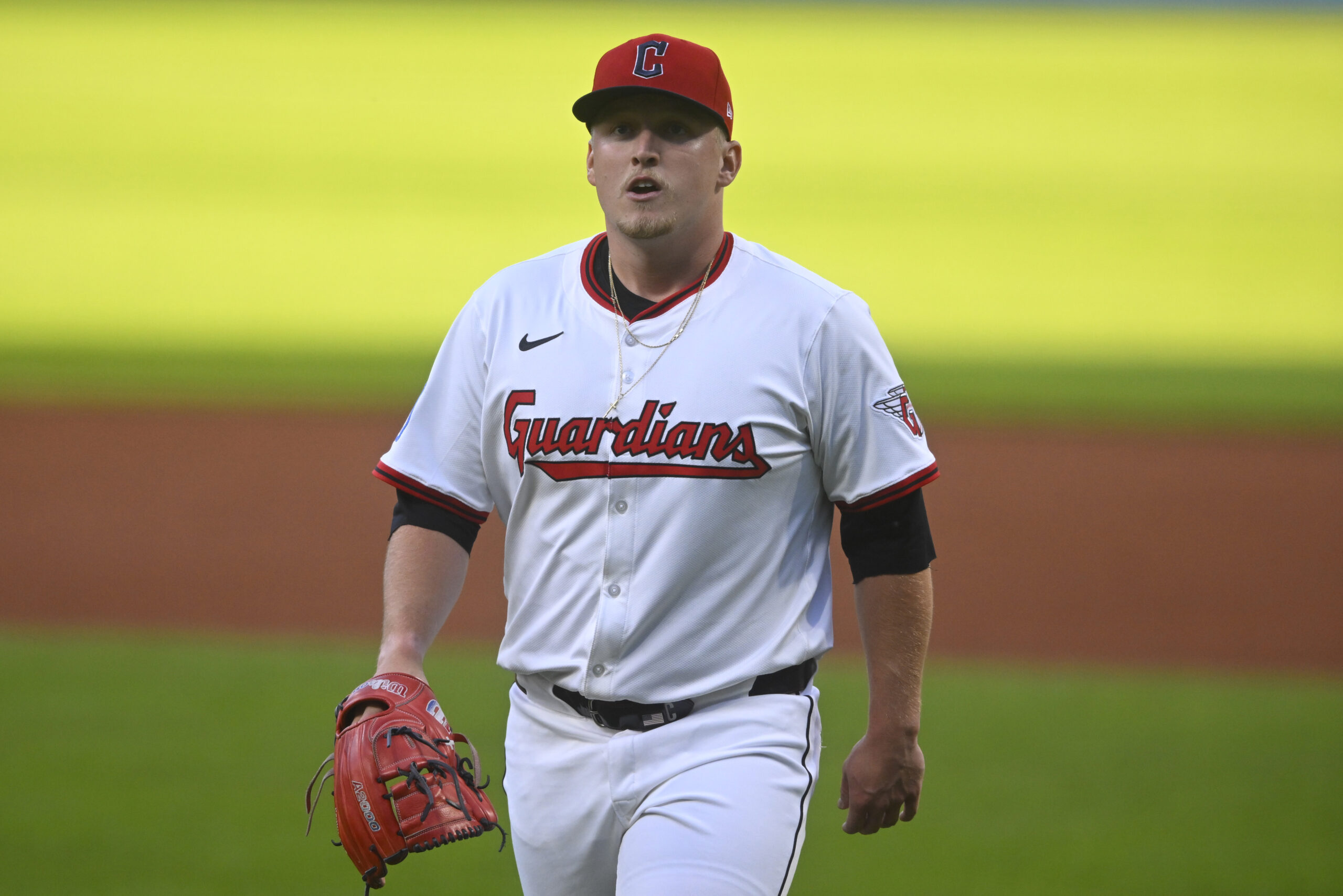 Aug 26, 2025; Cleveland, Ohio, USA; Cleveland Guardians starting pitcher Parker Messick (77) walks off the field at the end of the second inning against the Tampa Bay Rays at Progressive Field. Mandatory Credit: David Richard-Imagn Images