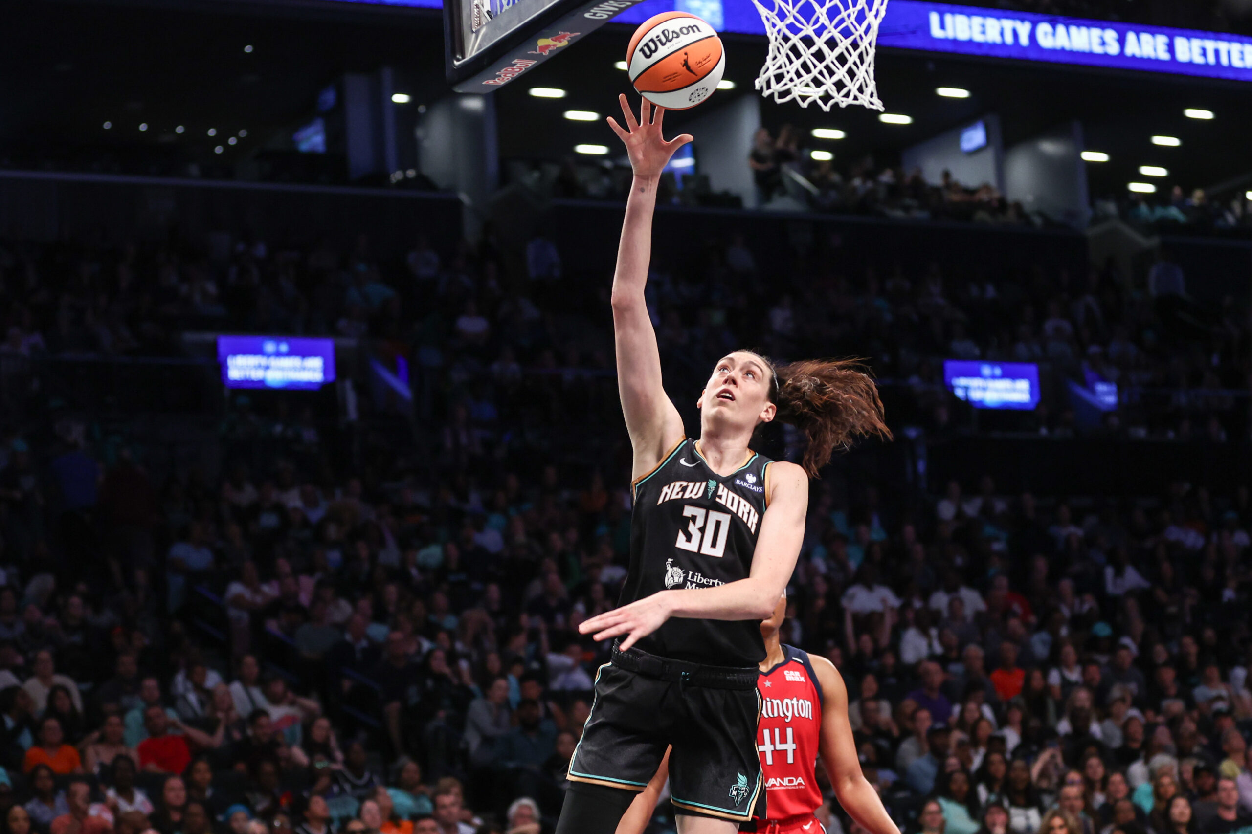Aug 28, 2025; Brooklyn, New York, USA;  New York Liberty forward Breanna Stewart (30) drives to the basket in the fourth quarter against the Washington Mystics at Barclays Center. Mandatory Credit: Wendell Cruz-Imagn Images