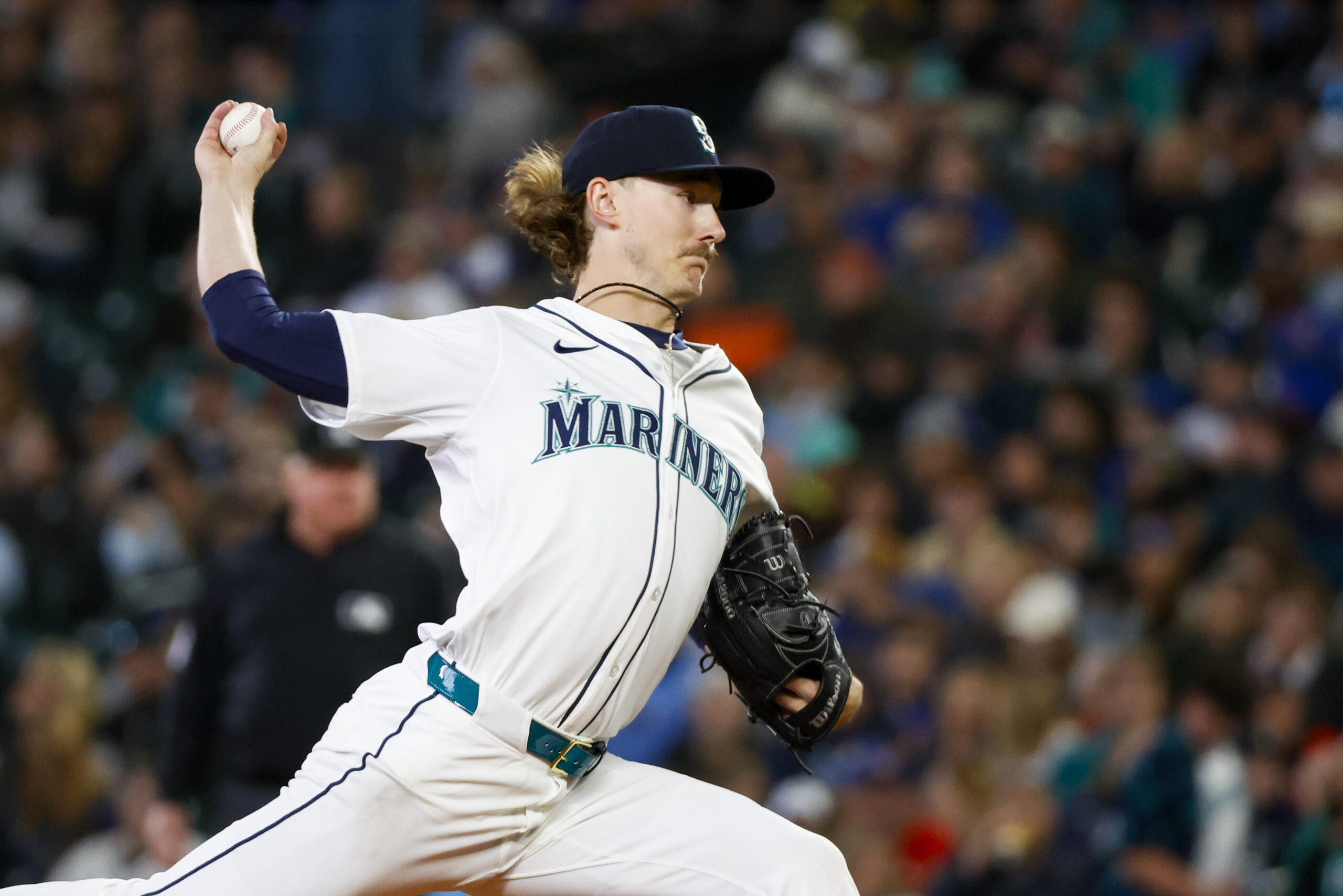 May 31, 2025; Seattle, Washington, USA; Seattle Mariners starting pitcher Bryce Miller (50) throws against the Minnesota Twins during the fourth inning at T-Mobile Park. Mandatory Credit: Joe Nicholson-Imagn Images