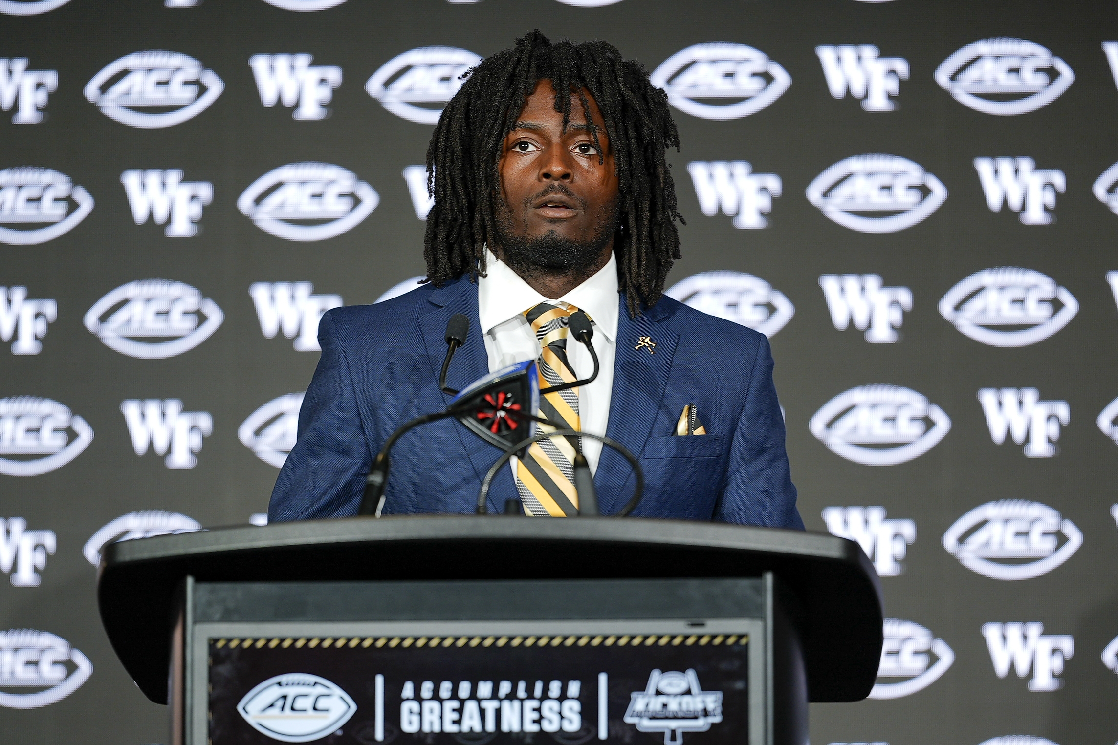 Jul 23, 2025; Charlotte, NC, USA; Wake Forest running back Demond Claiborne answers questions from the media during ACC Media days at Hilton Charlotte Uptown. Mandatory Credit: Jim Dedmon-Imagn Images