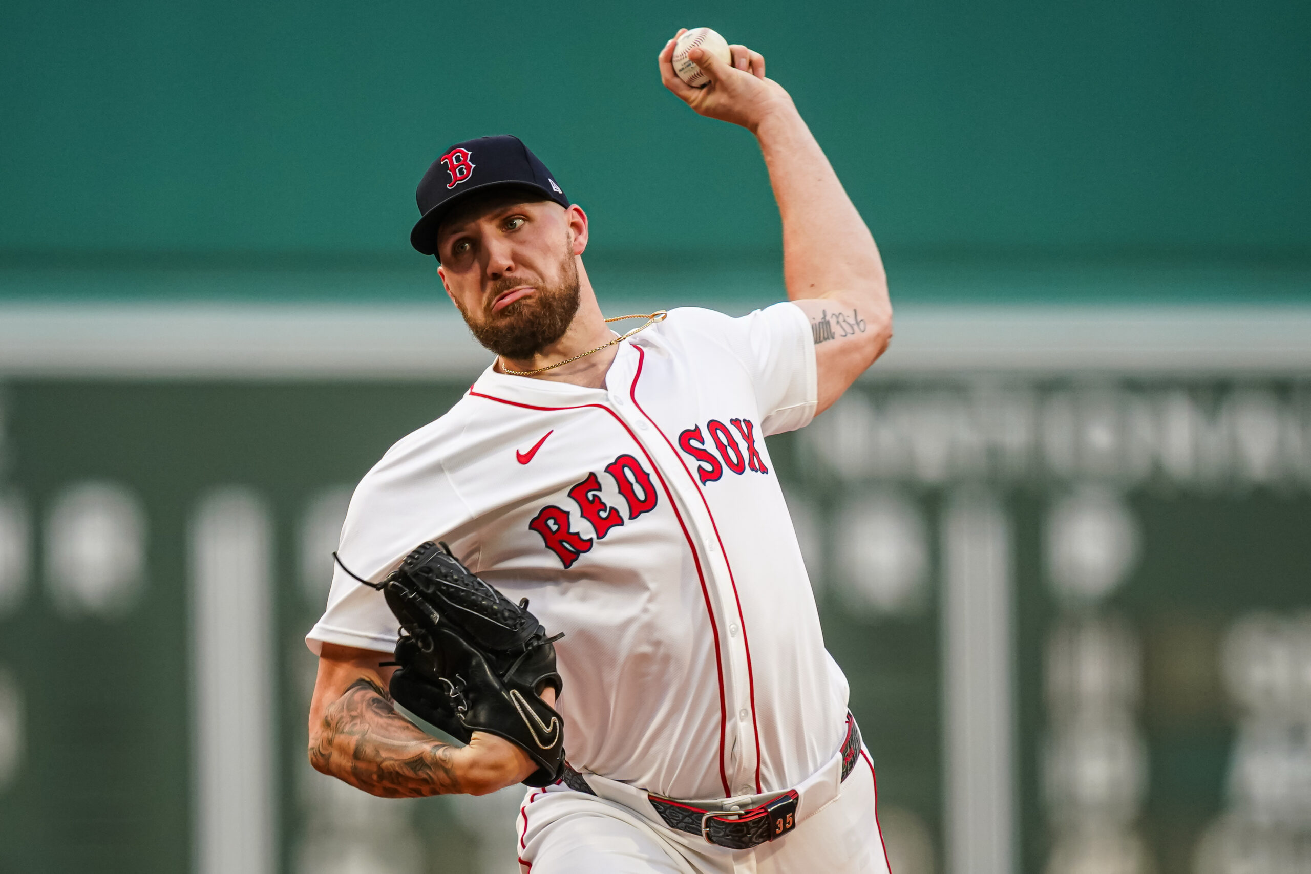 Aug 5, 2025; Boston, Massachusetts, USA; Boston Red Sox pitcher Garrett Crochet (35) throws a pitch against the Kansas City Royals in the first inning at Fenway Park. Mandatory Credit: David Butler II-Imagn Images