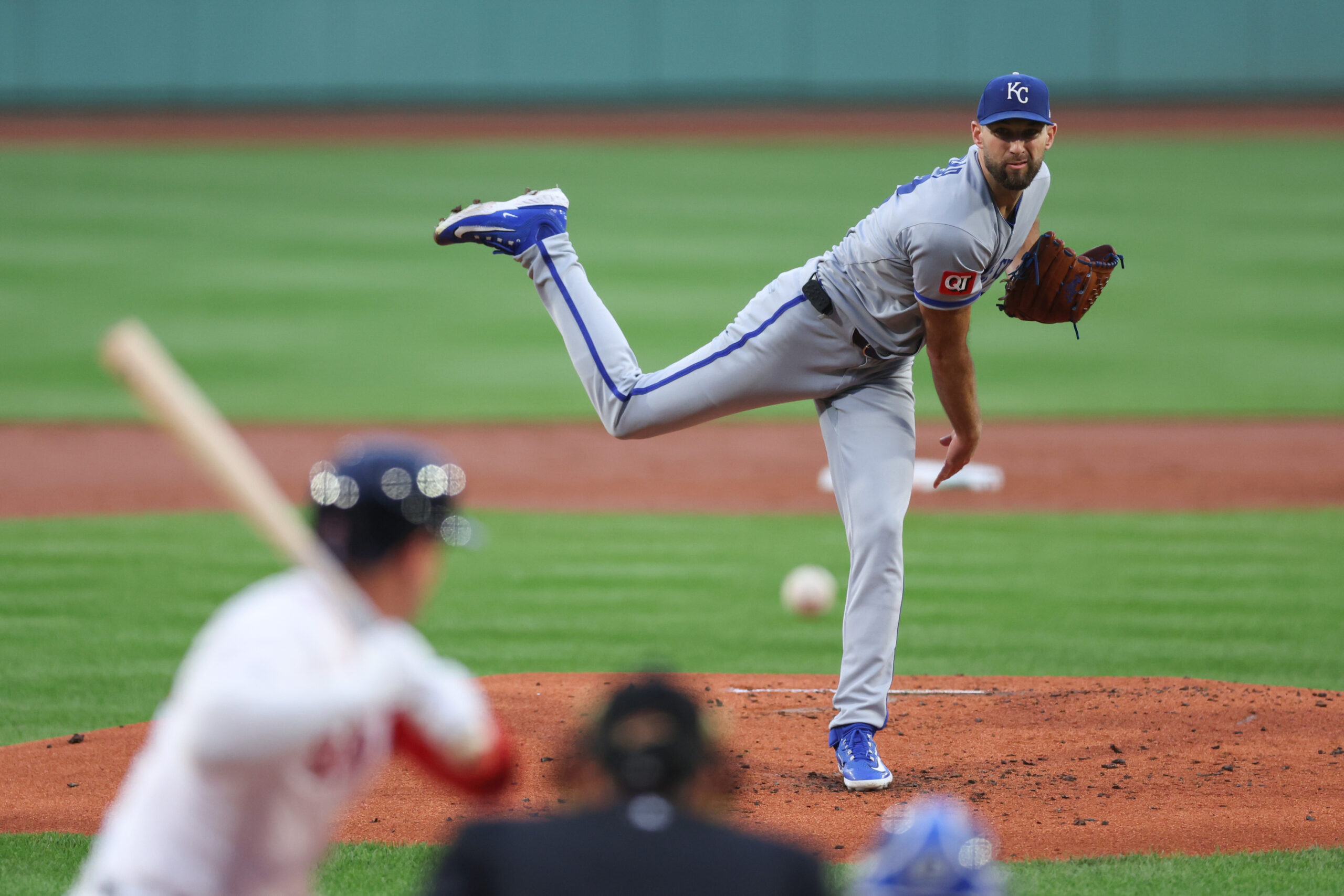 Aug 6, 2025; Boston, Massachusetts, USA; Kansas City Royals starting pitcher Michael Wacha (52) delivers a pitch during the first inning against the Boston Red Sox at Fenway Park. Mandatory Credit: Paul Rutherford-Imagn Images