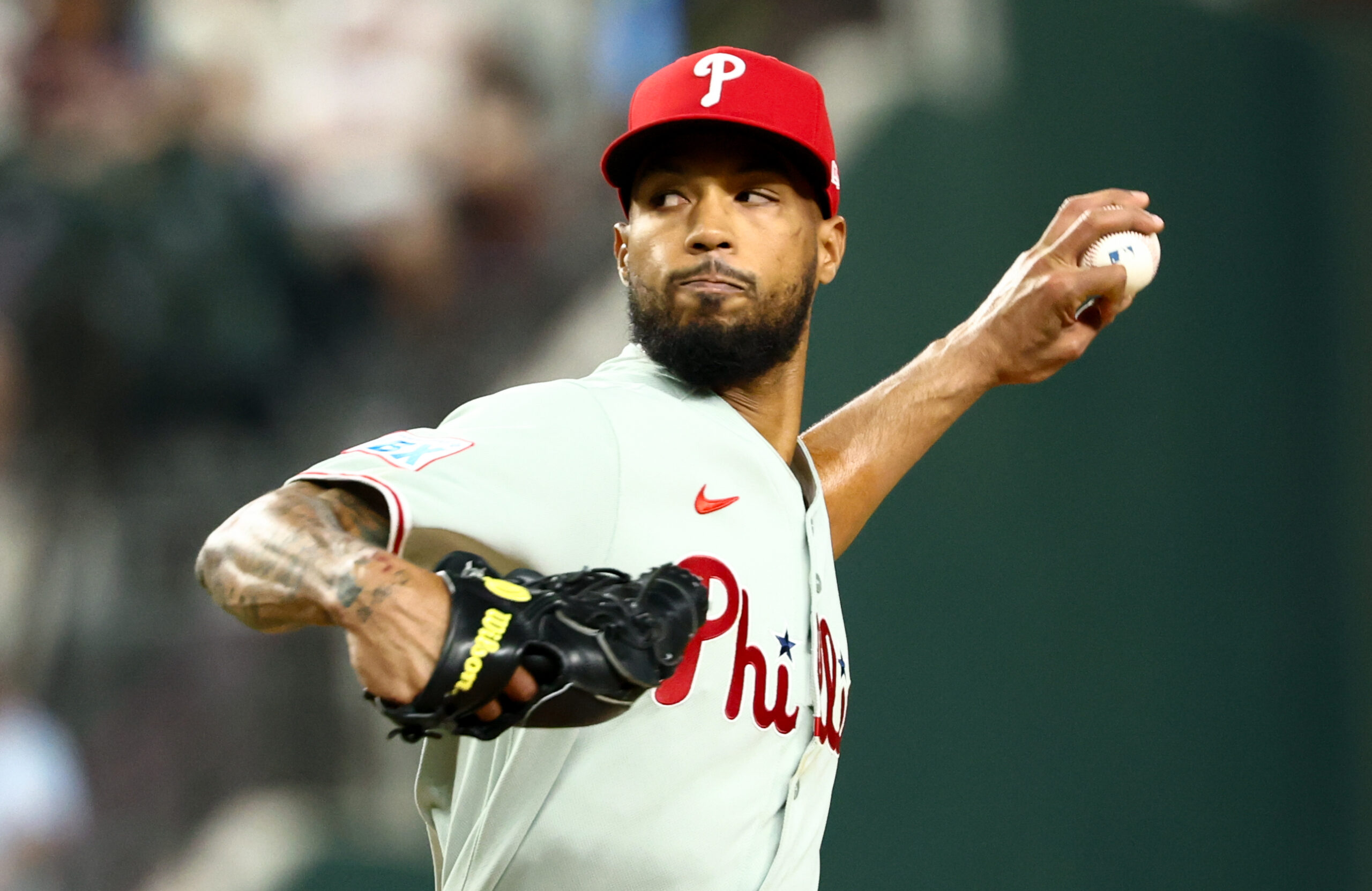 Aug 8, 2025; Arlington, Texas, USA;  Philadelphia Phillies starting pitcher Cristopher Sanchez (61) throws during the fifth inning against the Texas Rangers at Globe Life Field. Mandatory Credit: Kevin Jairaj-Imagn Images