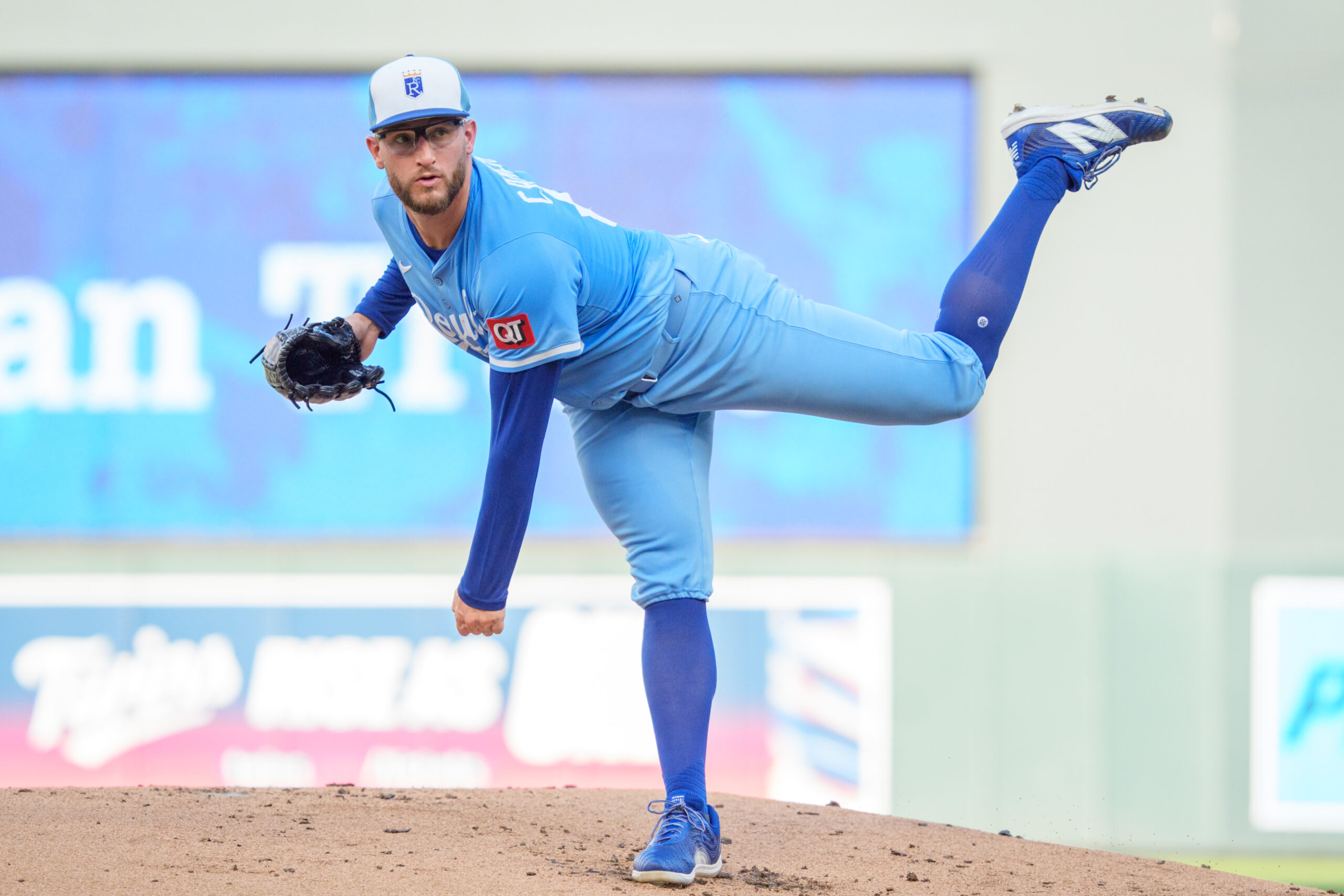 Aug 9, 2025; Minneapolis, Minnesota, USA; Kansas City Royals starting pitcher Noah Cameron (65) throws a pitch against the Minnesota Twins in the first inning at Target Field. Mandatory Credit: Matt Blewett-Imagn Images
