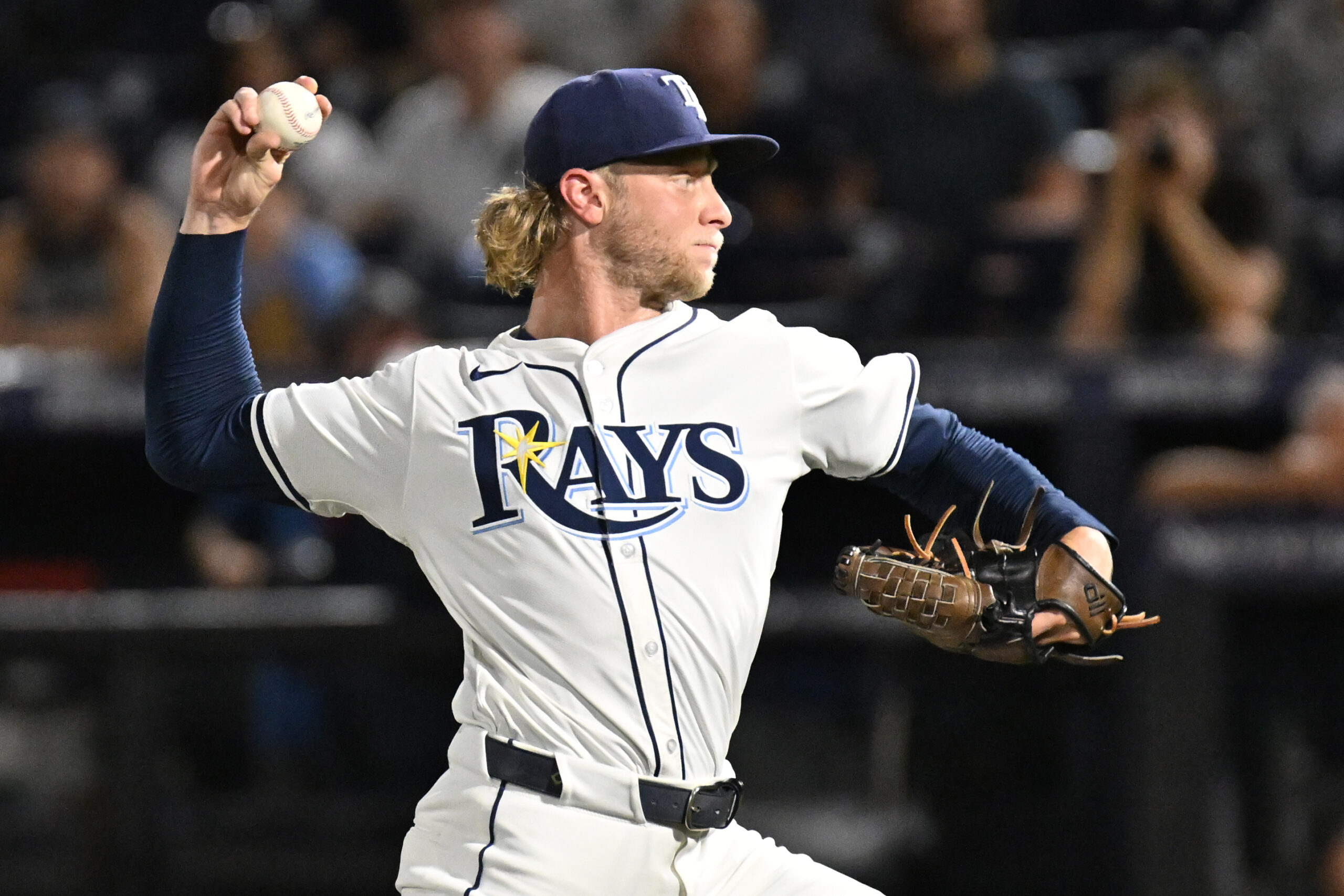 Aug 19, 2025; St. Petersburg, Florida, USA; Tampa Bay Rays starting pitcher Shane Baz (11) throws a pitch in the first inning against the New York Yankees  at George M. Steinbrenner Field. Mandatory Credit: Jonathan Dyer-Imagn Images