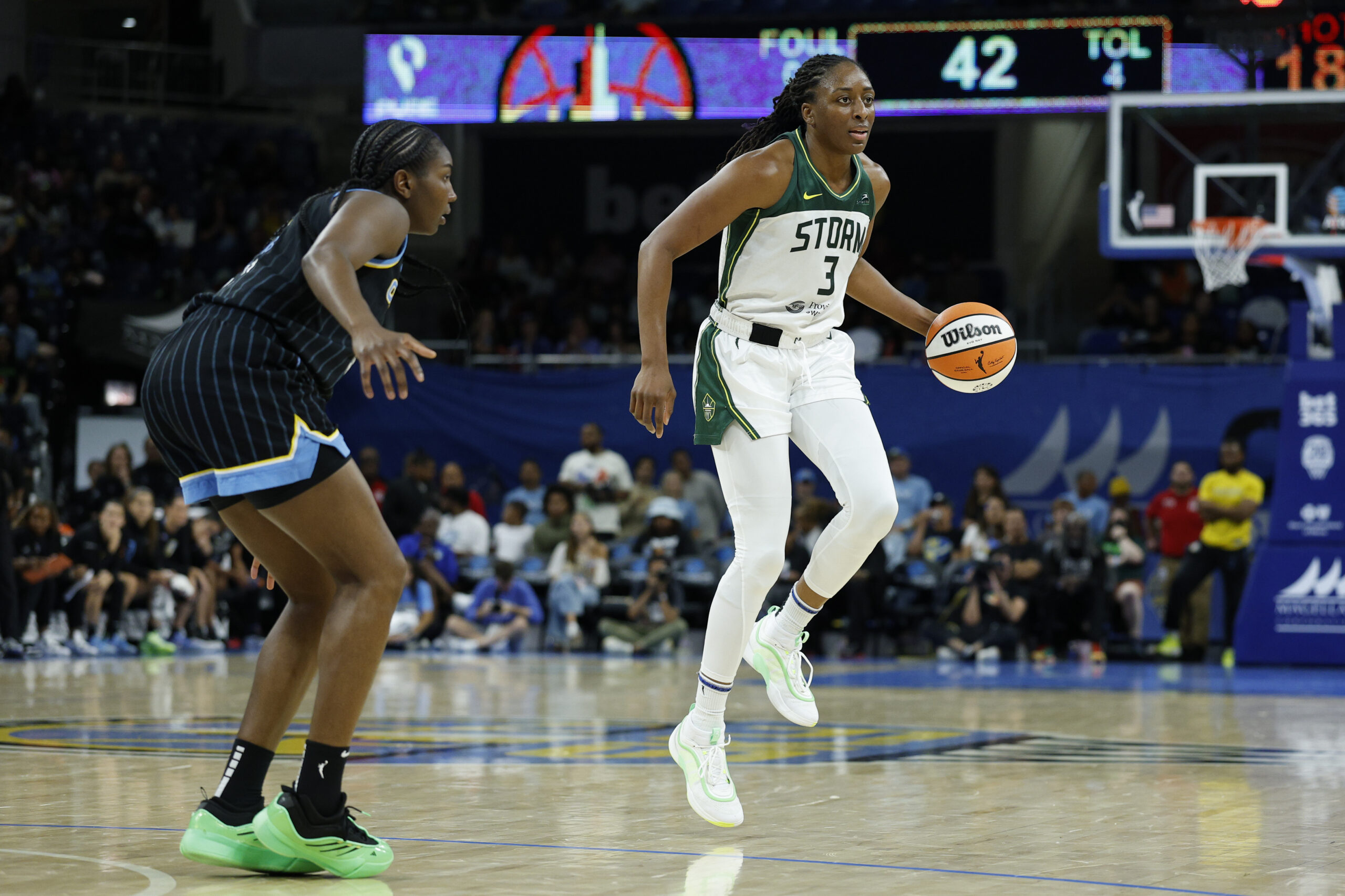 Aug 19, 2025; Chicago, Illinois, USA; Seattle Storm forward Nneka Ogwumike (3) brings the ball up court against the Chicago Sky during the second half at Wintrust Arena. Mandatory Credit: Kamil Krzaczynski-Imagn Images