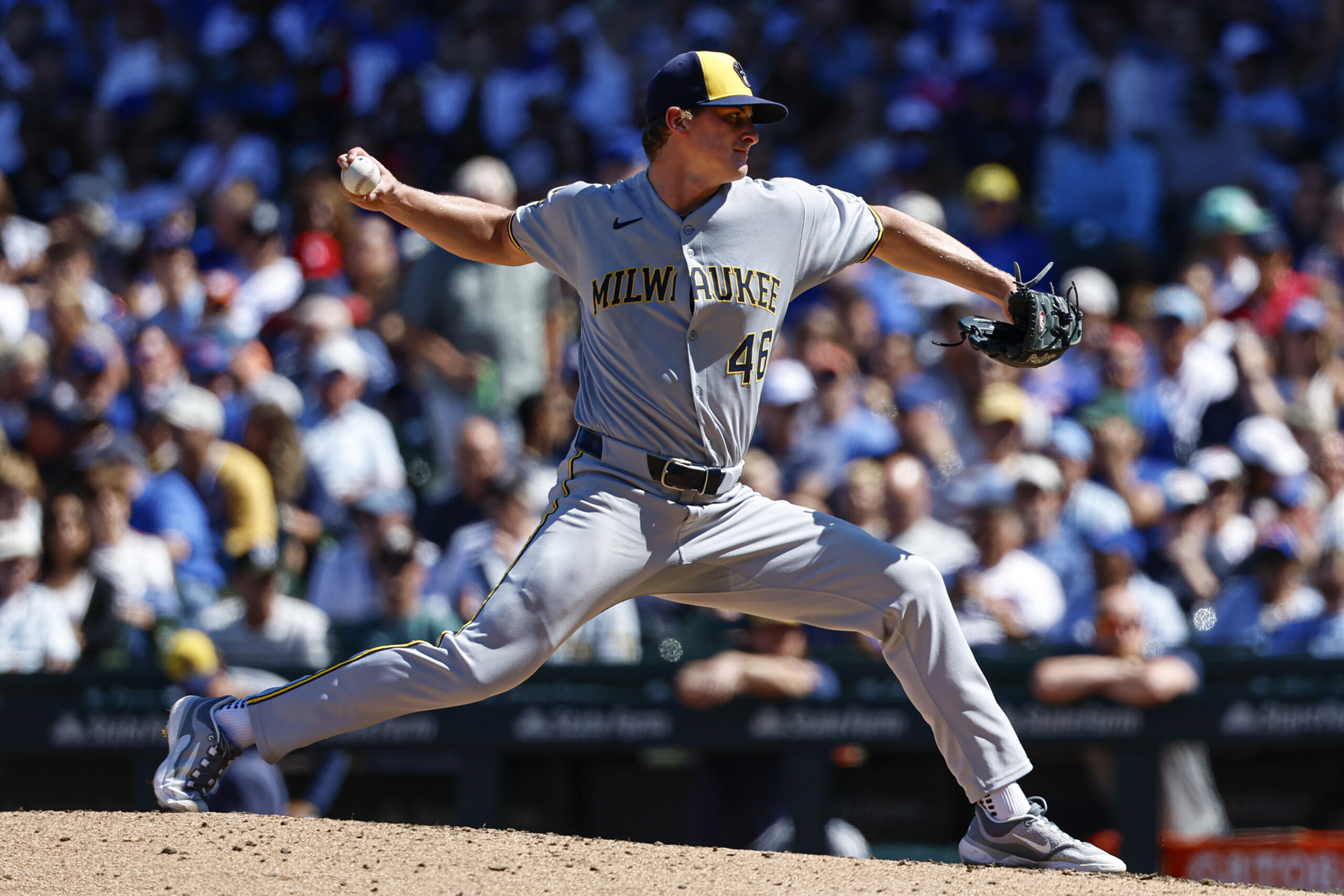 Aug 21, 2025; Chicago, Illinois, USA; Milwaukee Brewers starting pitcher Quinn Priester (46) delivers a pitch against the Chicago Cubs during the fifth inning at Wrigley Field. Mandatory Credit: Kamil Krzaczynski-Imagn Images