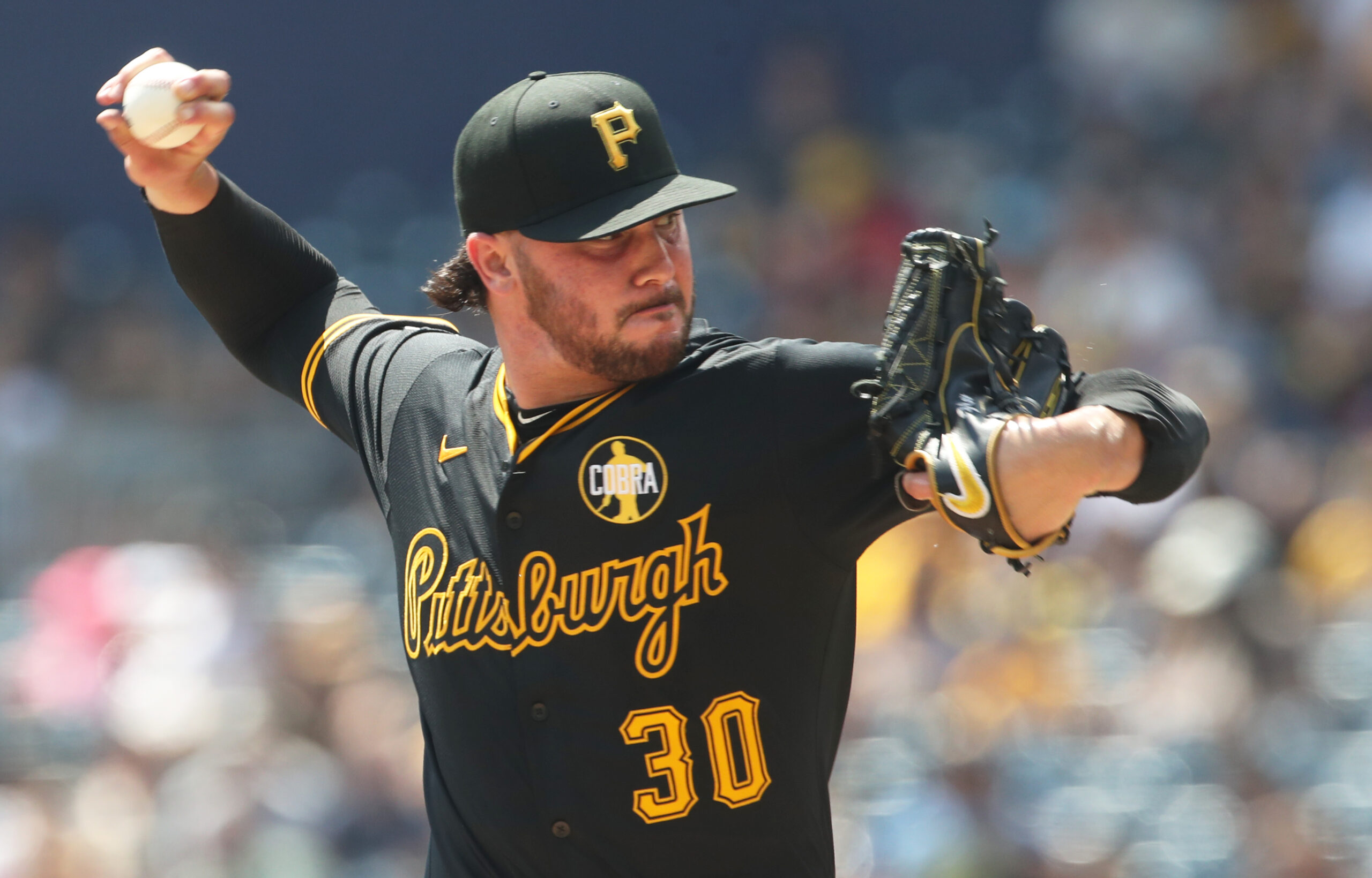 Aug 24, 2025; Pittsburgh, Pennsylvania, USA;  Pittsburgh Pirates starting pitcher Paul Skenes (30) pitches the Colorado Rockies during the second inning at PNC Park. Mandatory Credit: Charles LeClaire-Imagn Images