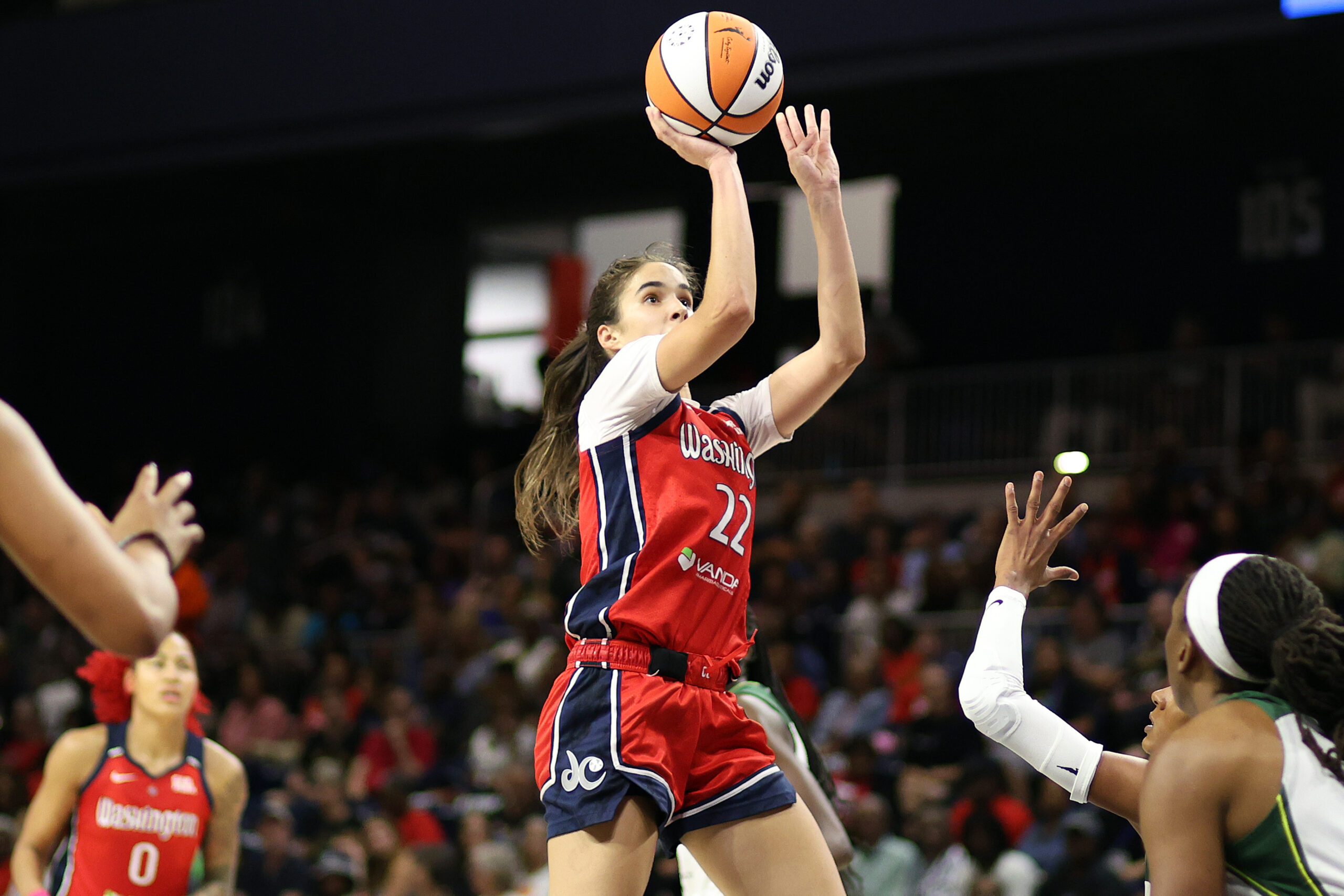 Aug 24, 2025; Washington, District of Columbia, USA; Washington Mystics guard Sonia Citron (22) takes a shot during the second half against the Seattle Storm at CareFirst Arena. Mandatory Credit: Daniel Kucin Jr.-Imagn Images