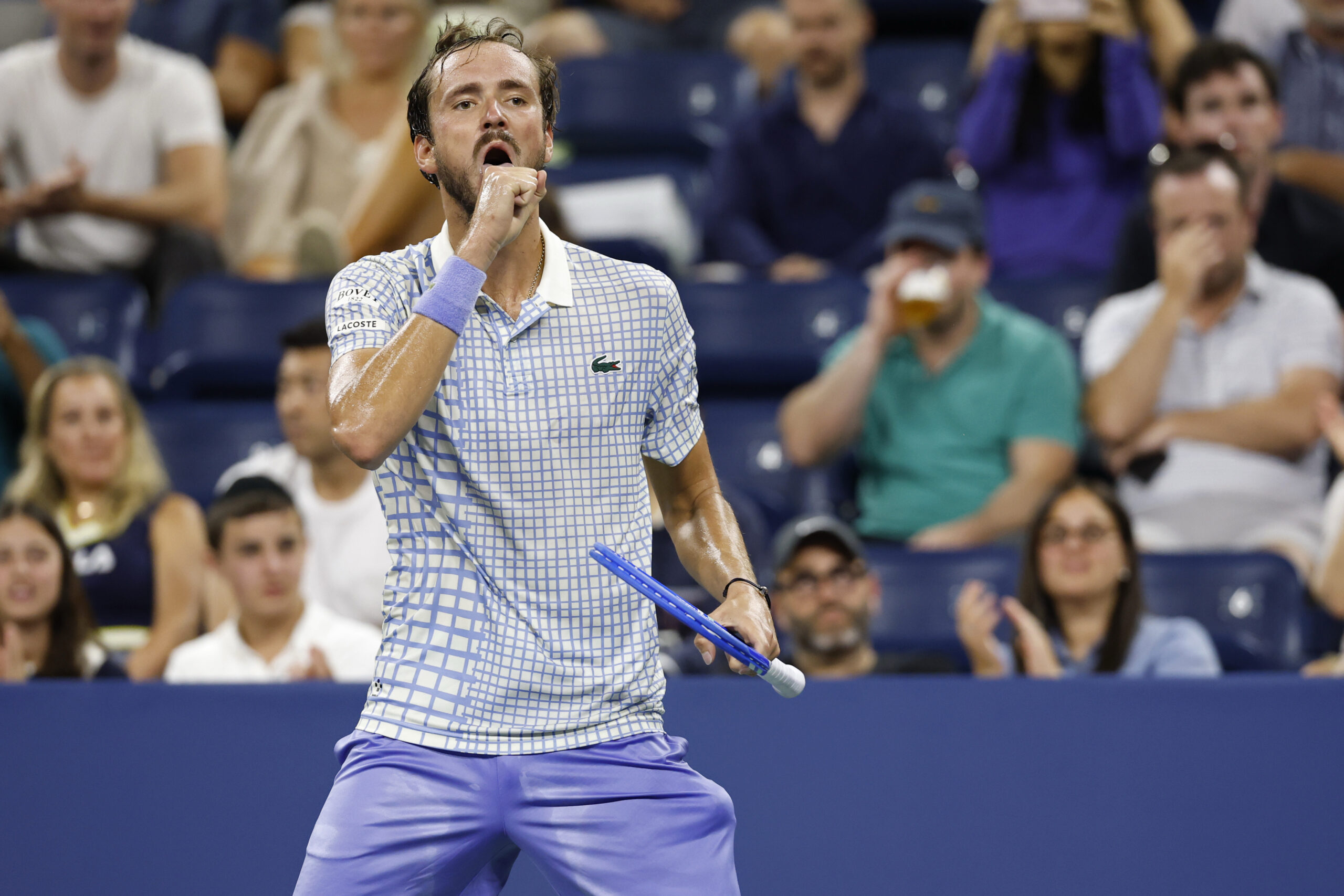 Aug 24, 2025; Flushing, NY, USA; Daniil Medvedev gestures towards his player's box after losing a point against Benjamin Bonzi (FRA)(R) on day one of the 2025 US Open at USTA Billie Jean King National Tennis Center. Mandatory Credit: Geoff Burke-Imagn Images