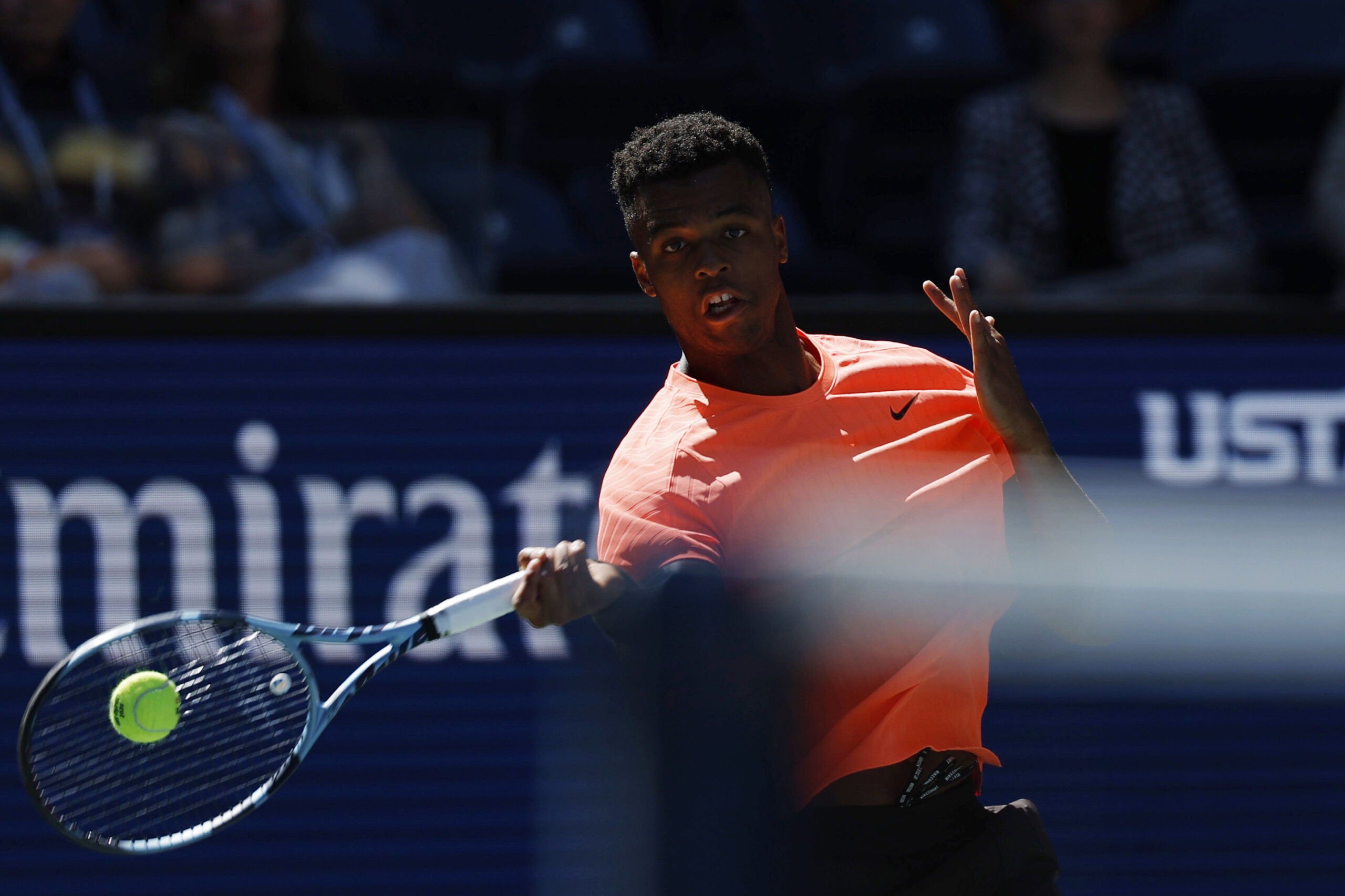 Aug 26, 2025; Flushing, NY, USA; Giovanni Mpetshi Perricard (FRA) hits the ball to Lorenzo Musetti (ITA)(not pictured) on day three of the 2025 U.S. Open tennis tournament at the USTA Billie Jean King National Tennis Center at Billie Jean King National Tennis Center. Mandatory Credit: Amber Searls-Imagn Images