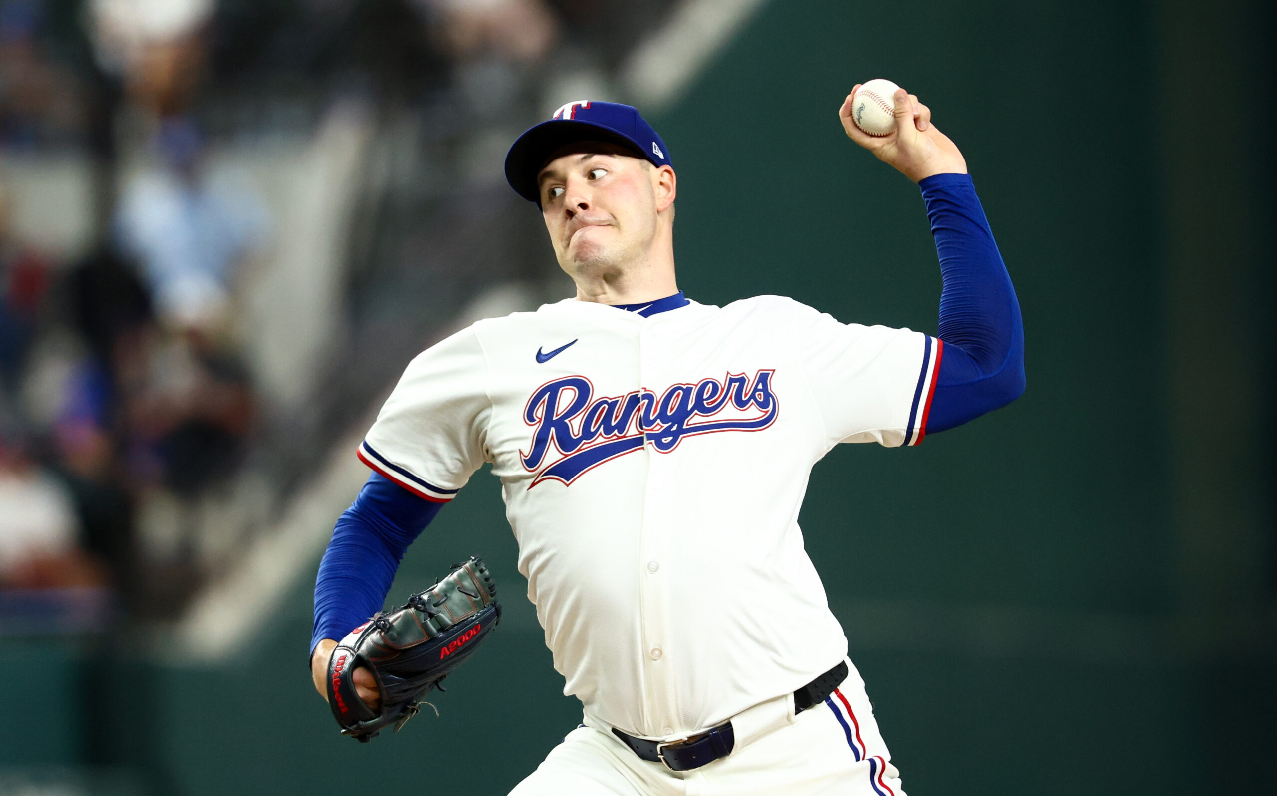 Aug 26, 2025; Arlington, Texas, USA; Texas Rangers starting pitcher Patrick Corbin (46) throws during the first inning against the Los Angeles Angels at Globe Life Field. Mandatory Credit: Kevin Jairaj-Imagn Images