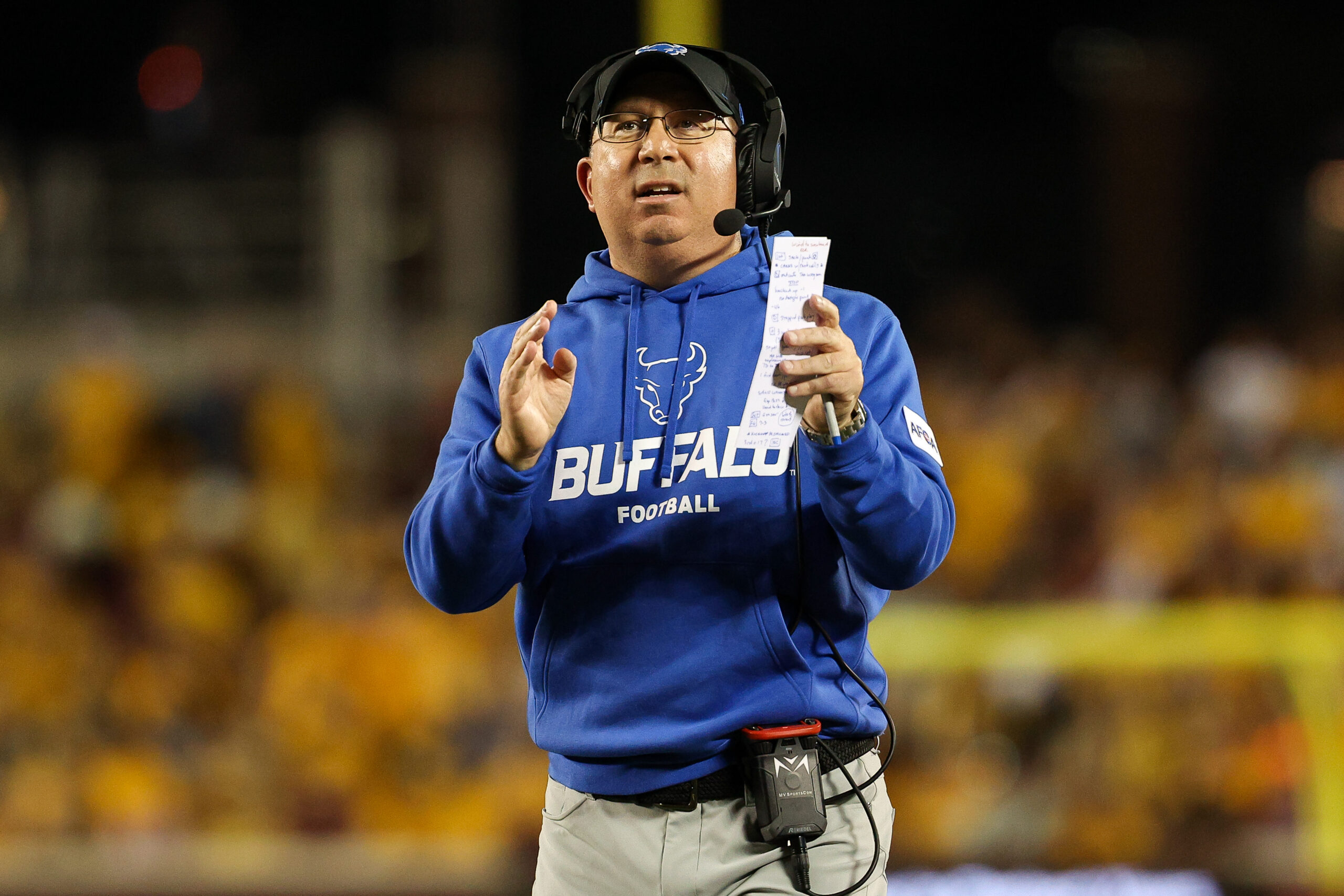 Aug 28, 2025; Minneapolis, Minnesota, USA; Buffalo Bulls head coach Pete Lembo looks on during the first half of the game against the Minnesota Golden Gophers at Huntington Bank Stadium. Mandatory Credit: Matt Krohn-Imagn Images