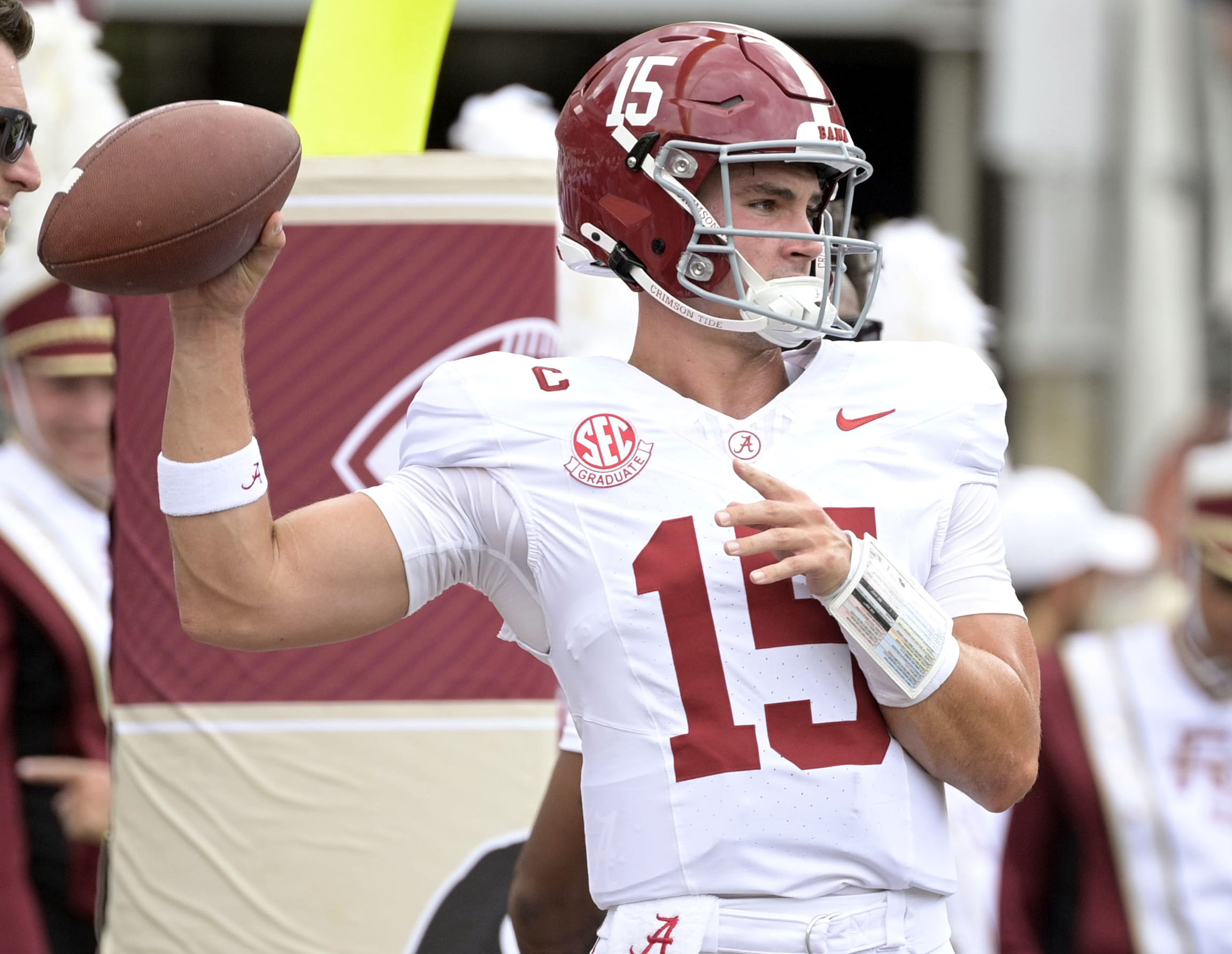 Aug 30, 2025; Tallahassee, Florida, USA;  Alabama Crimson Tide quarterback Ty Simpson (15) during warmups before the game between the Florida State Seminoles and the Alabama Crimson Tide at Doak S. Campbell Stadium. Mandatory Credit: Melina Myers-Imagn Images