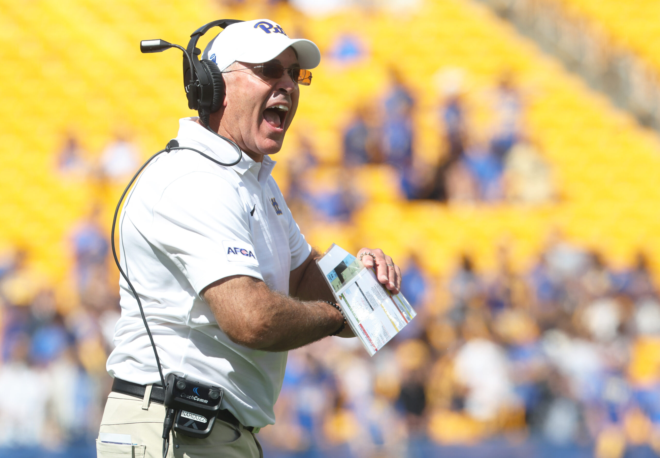 Aug 30, 2025; Pittsburgh, Pennsylvania, USA; Pittsburgh Panthers head coach Pat Narduzzi reacts on the sidelines against the Duquesne Dukes during the fourth quarter at Acrisure Stadium. Mandatory Credit: Charles LeClaire-Imagn Images