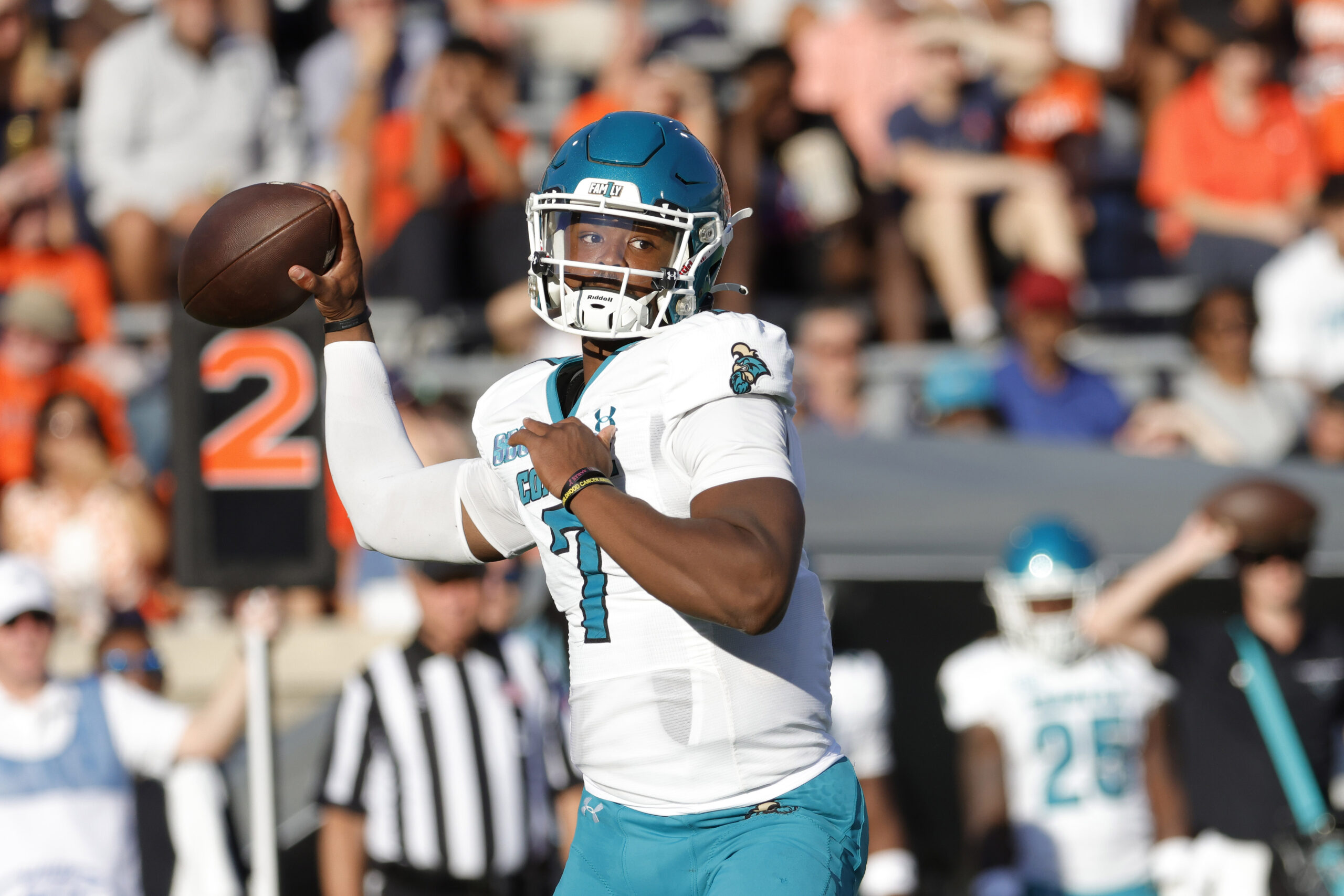 Aug 30, 2025; Charlottesville, Virginia, USA; Coastal Carolina Chanticleers quarterback MJ Morris (7) throws the ball against the Virginia Cavaliers during the first quarter at Scott Stadium. Mandatory Credit: Amber Searls-Imagn Images