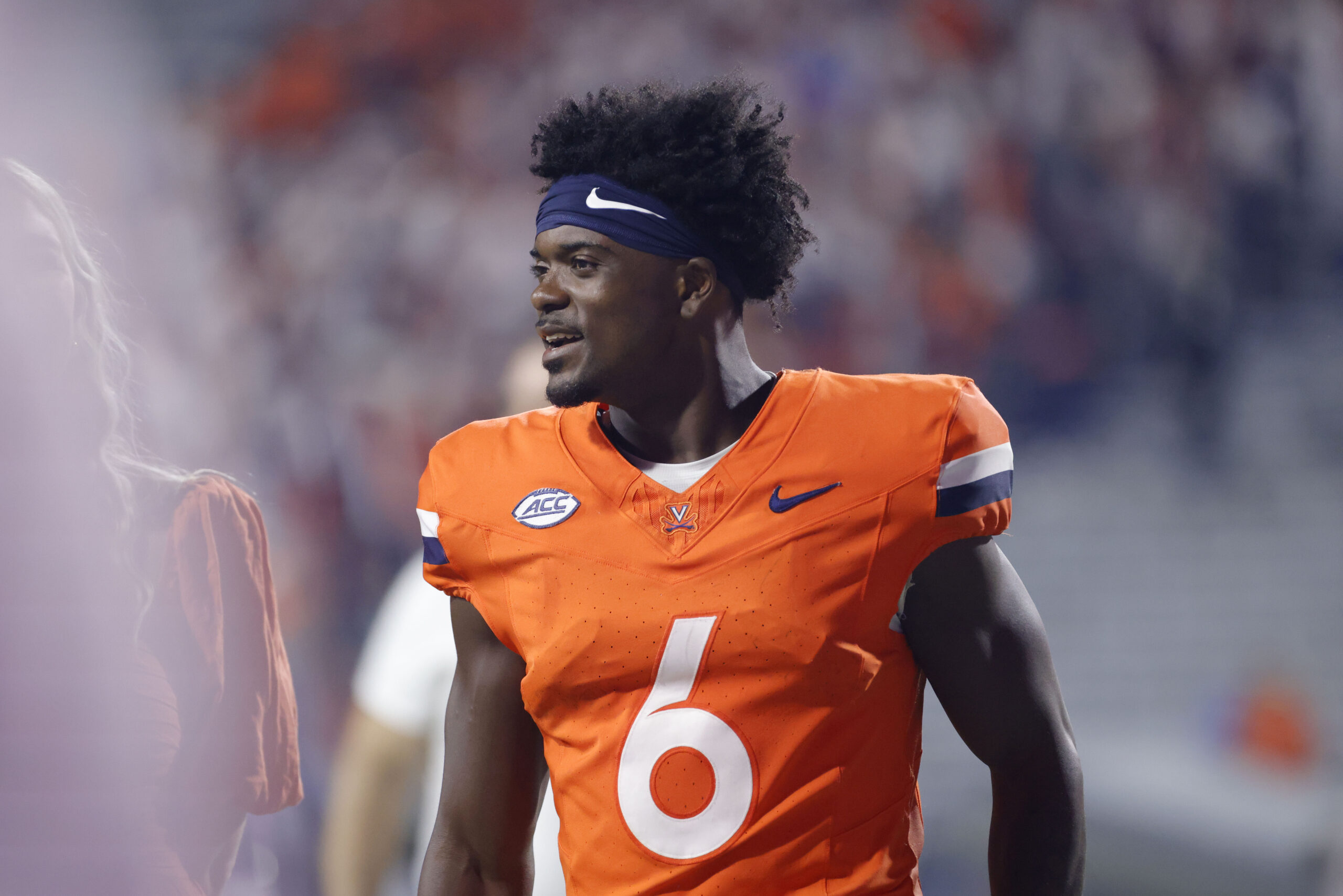 Aug 30, 2025; Charlottesville, Virginia, USA; Virginia Cavaliers wide receiver Cam Ross (6) looks on from the field after defeating the Coastal Carolina Chanticleers at Scott Stadium. Mandatory Credit: Amber Searls-Imagn Images