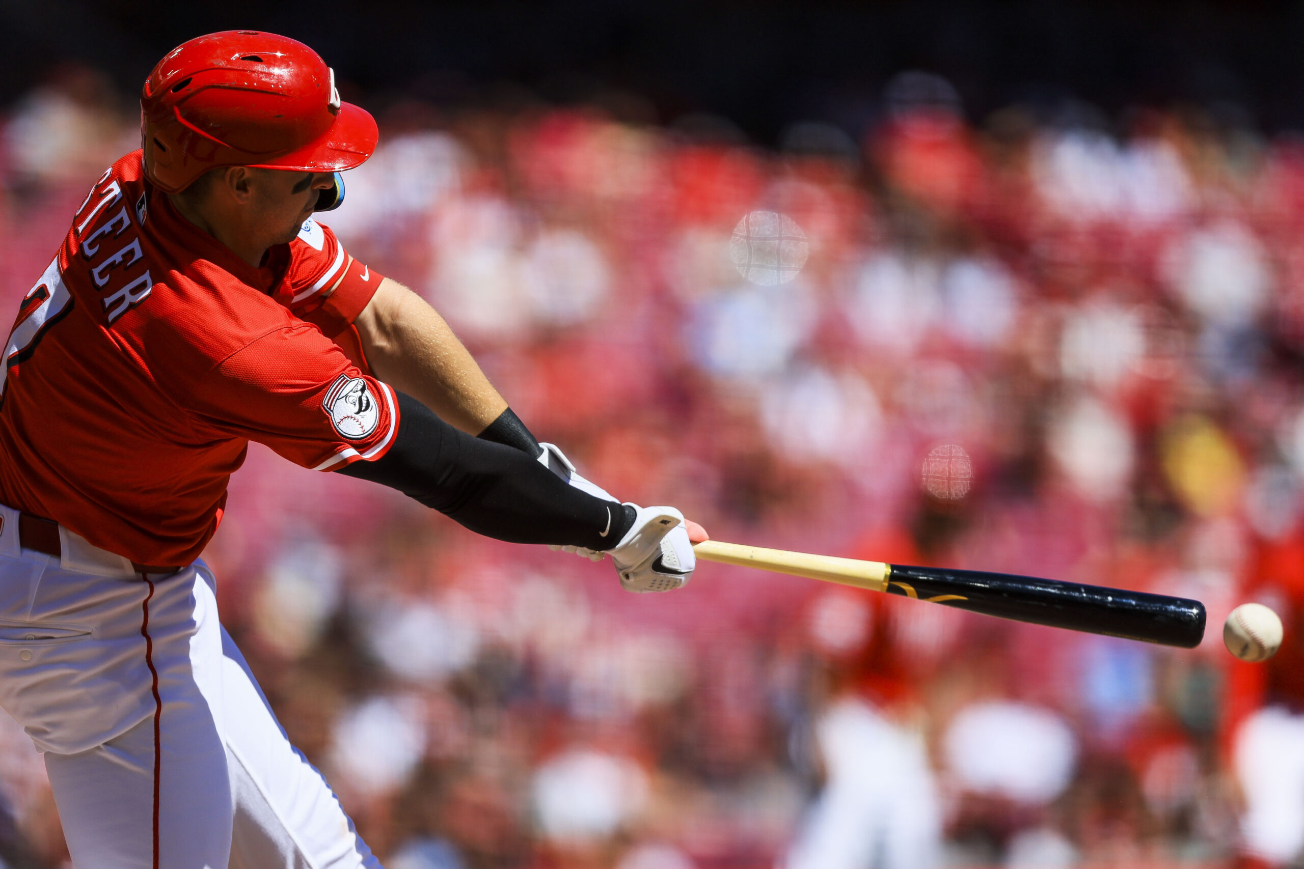 Aug 31, 2025; Cincinnati, Ohio, USA; Cincinnati Reds first baseman Spencer Steer (7) bats against the St. Louis Cardinals in the seventh inning at Great American Ball Park. Mandatory Credit: Katie Stratman-Imagn Images