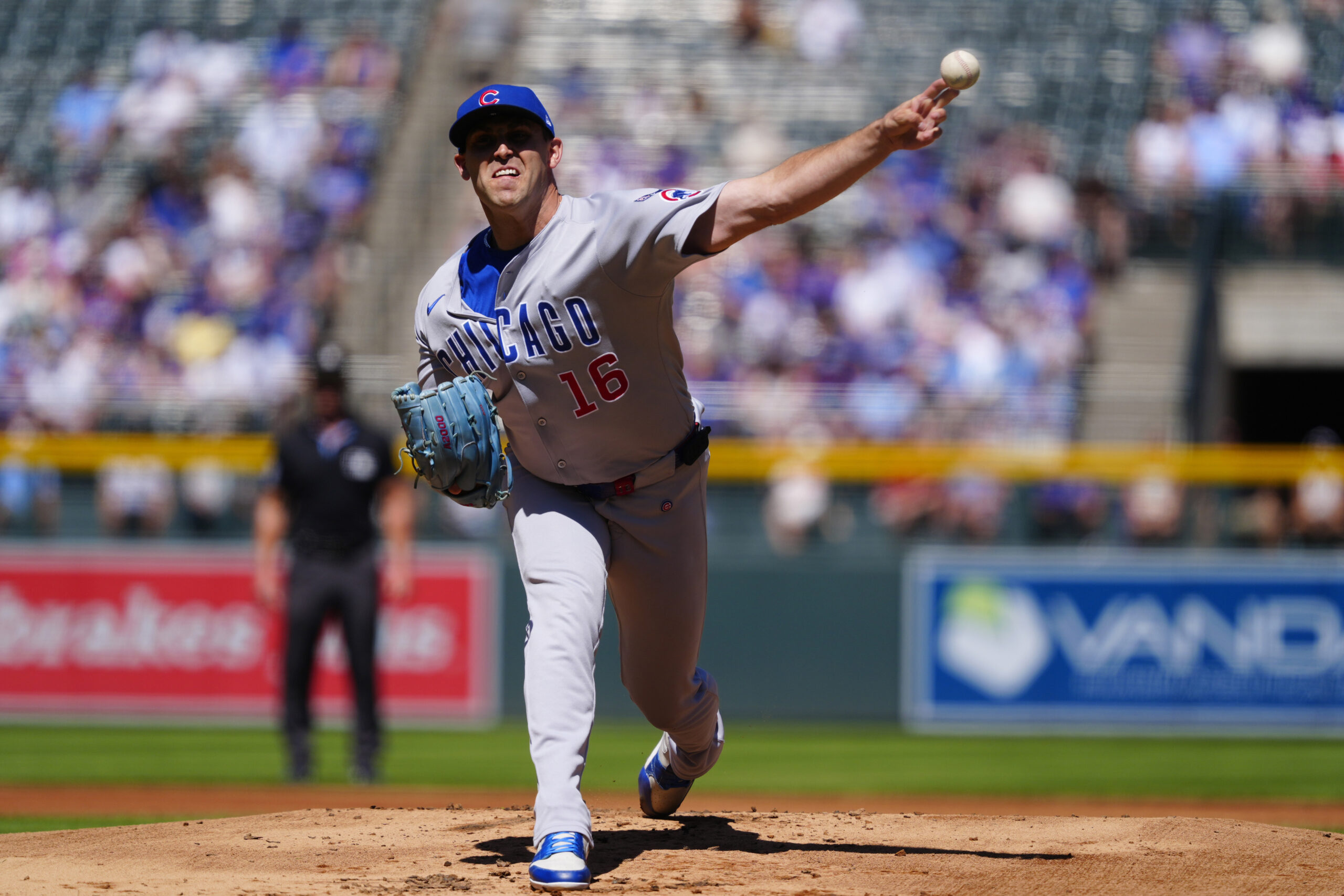Aug 31, 2025; Denver, Colorado, USA; Chicago Cubs pitcher Matthew Boyd (16) delivers a pitch in the first inning against the Colorado Rockies at Coors Field. Mandatory Credit: Ron Chenoy-Imagn Images