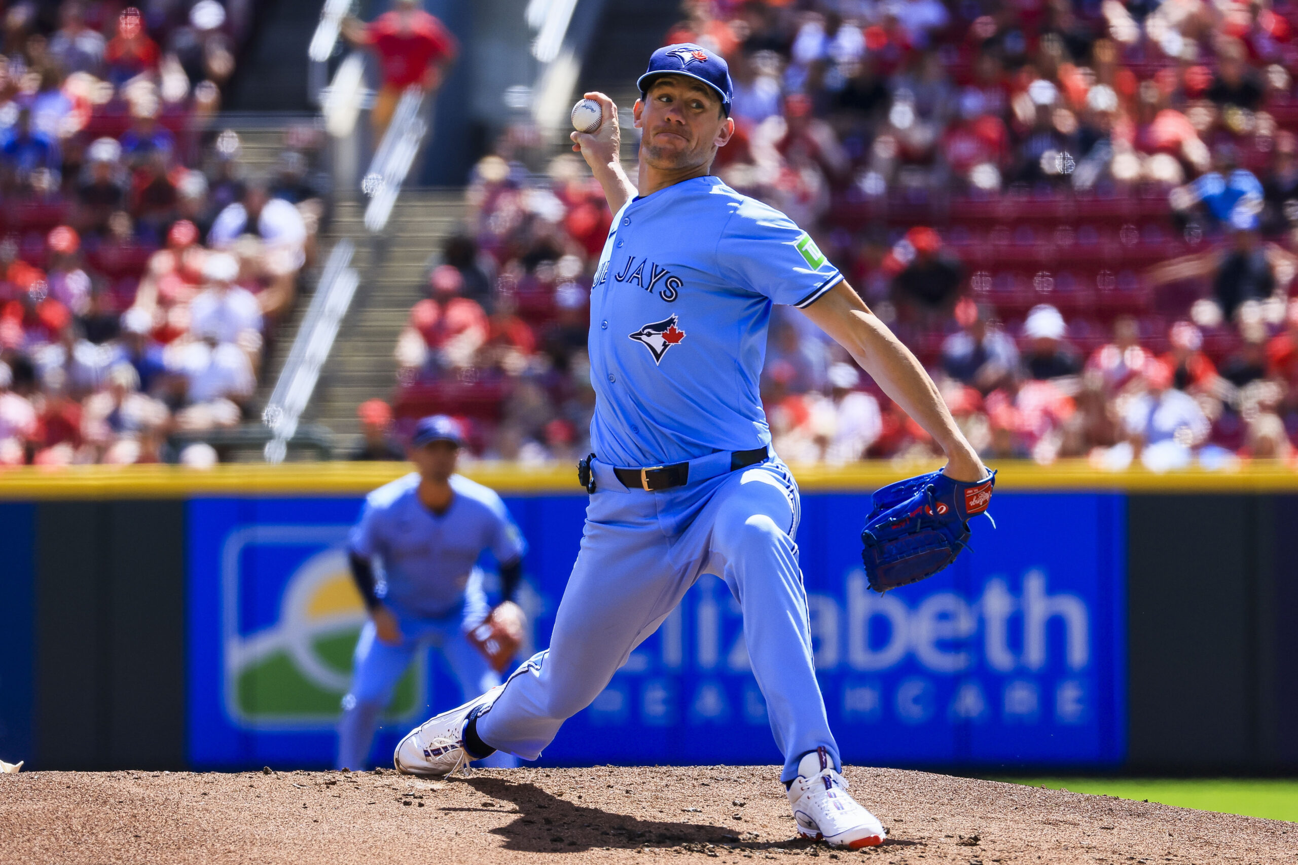 Sep 1, 2025; Cincinnati, Ohio, USA; Toronto Blue Jays starting pitcher Chris Bassitt (40) pitches against the Cincinnati Reds in the first inning at Great American Ball Park. Mandatory Credit: Katie Stratman-Imagn Images