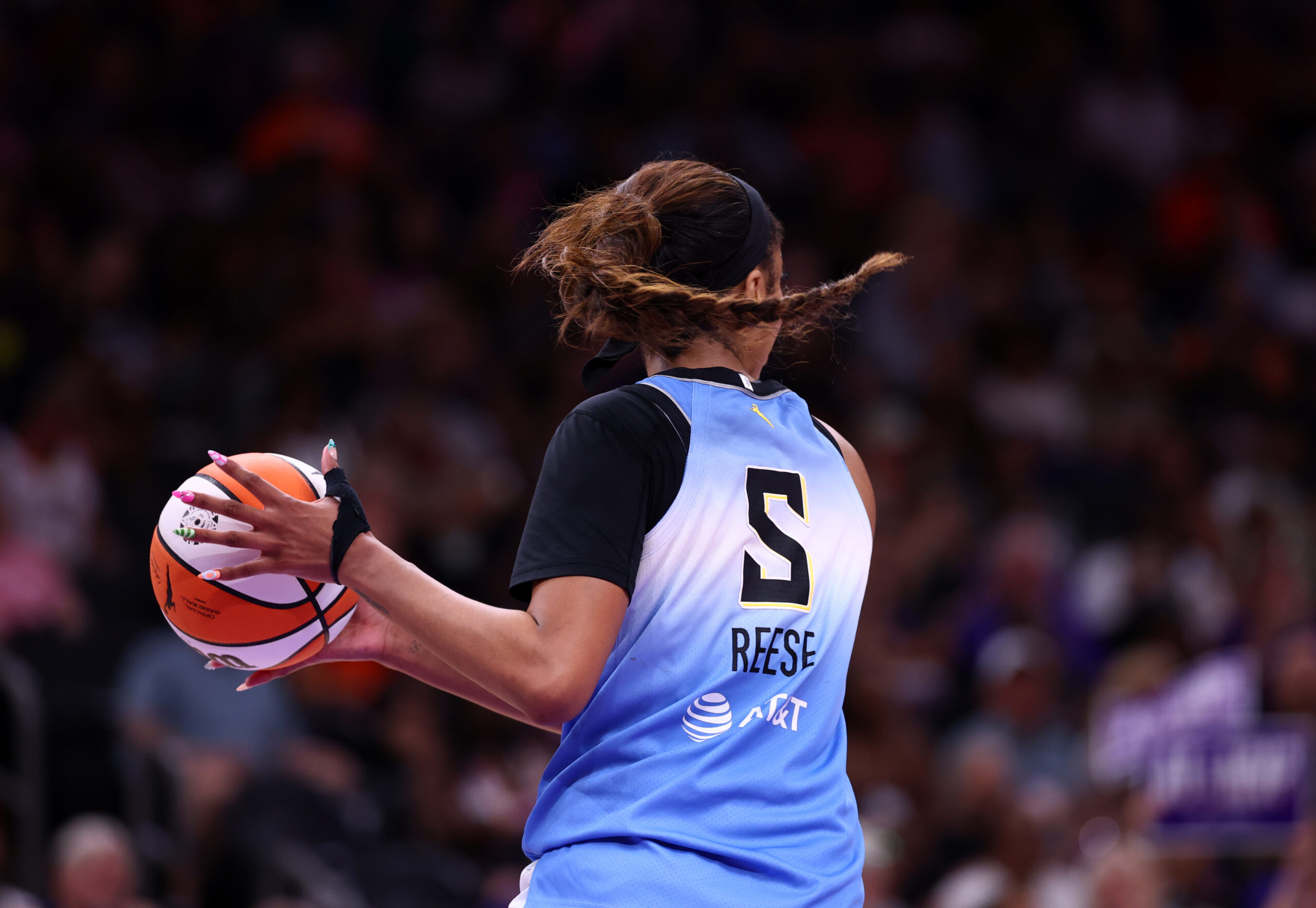 Aug 28, 2025; Phoenix, Arizona, USA; Detailed view of the jersey of Chicago Sky forward Angel Reese (5) against the Phoenix Mercury at Phx Arena. Mandatory Credit: Mark J. Rebilas-Imagn Images