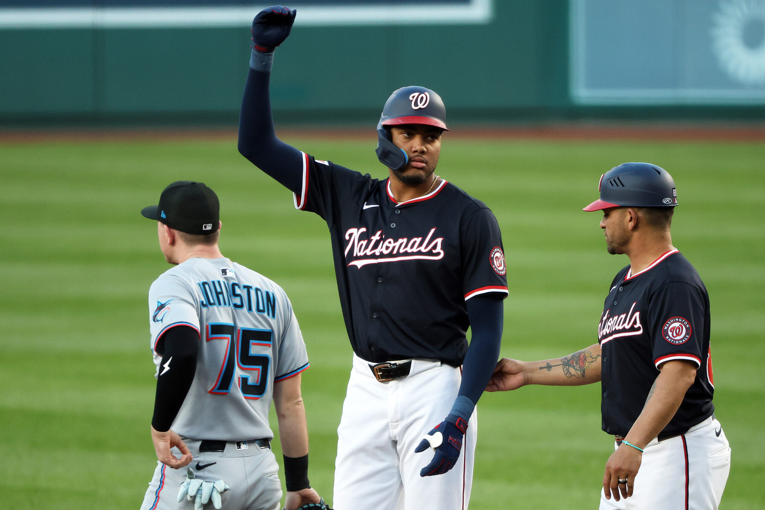 Sep 2, 2025; Washington, District of Columbia, USA; Washington Nationals outfielder James Wood (29) celebrates after hitting a single during the first inning against the Miami Marlins at Nationals Park. Mandatory Credit: Daniel Kucin Jr.-Imagn Images