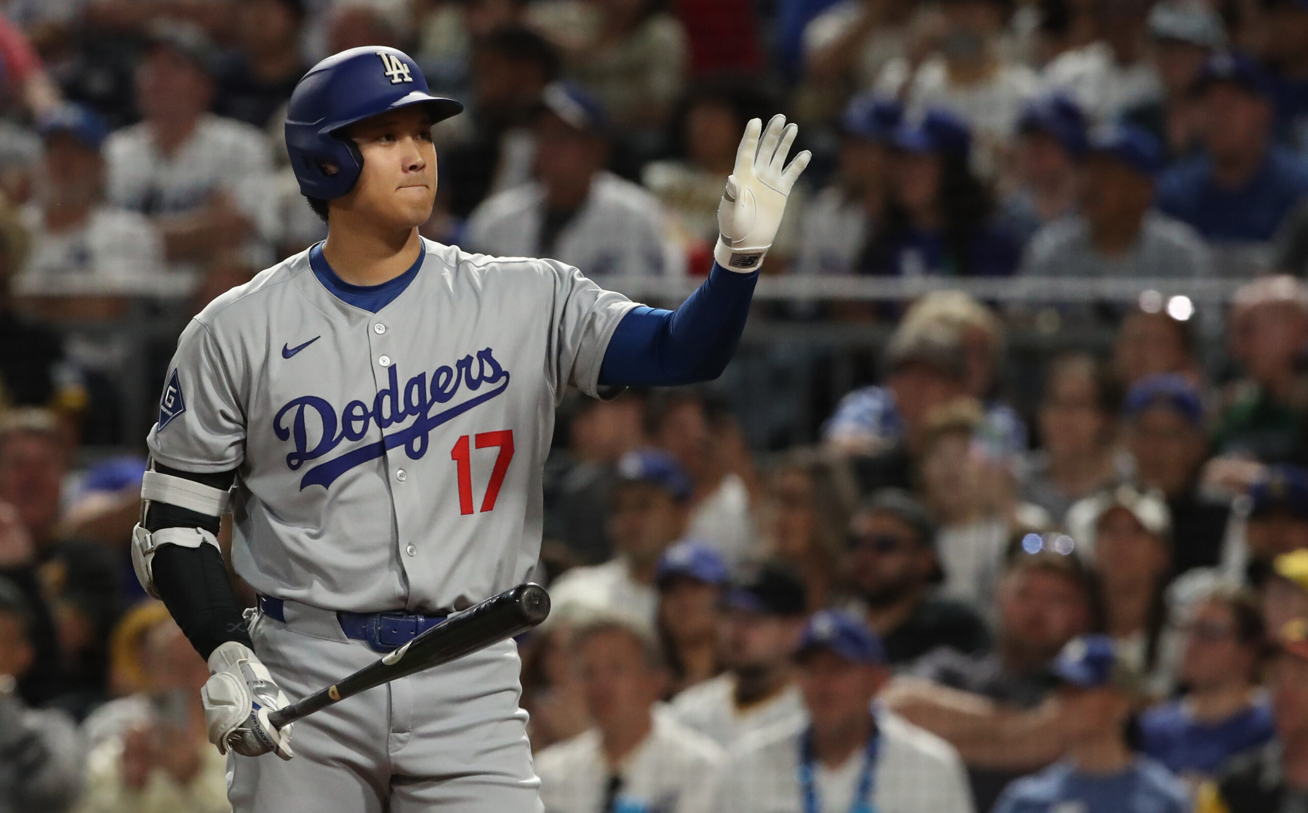 Sep 2, 2025; Pittsburgh, Pennsylvania, USA; Los Angeles Dodgers two-way player Shohei Ohtani (17) asks for time-out in his at bat against the Pittsburgh Pirates during the seventh inning at PNC Park. Mandatory Credit: Charles LeClaire-Imagn Images