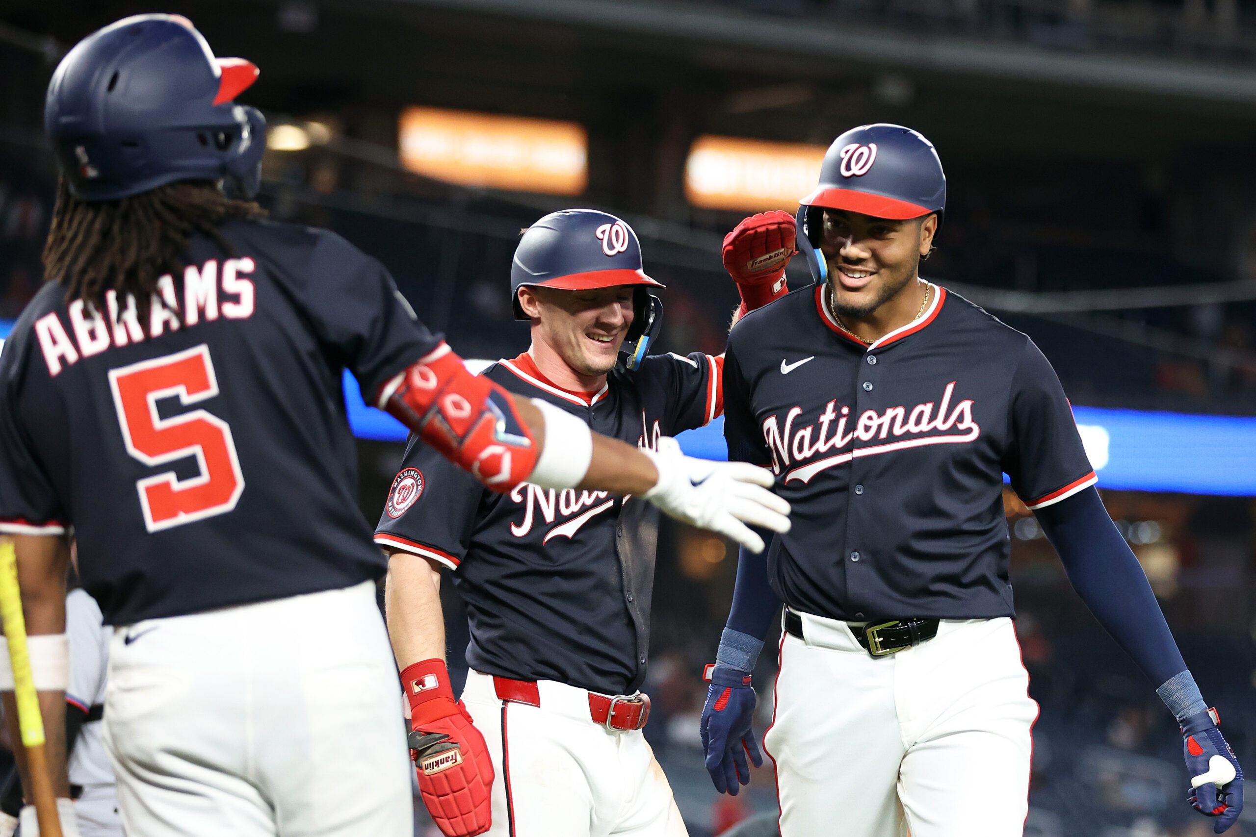 Sep 2, 2025; Washington, District of Columbia, USA; Washington Nationals outfielder James Wood (29) celebrates with his teammates after hitting a home run during the fourth inning against the Miami Marlins at Nationals Park. Mandatory Credit: Daniel Kucin Jr.-Imagn Images