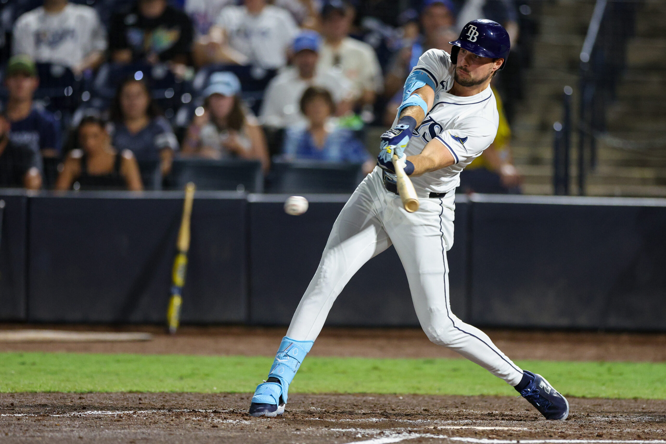 Sep 4, 2025; Tampa, Florida, USA; Tampa Bay Rays outfielder Josh Lowe (15) hits into a fielders choice rbi against the Cleveland Guardians in the sixth inning at George M. Steinbrenner Field. Mandatory Credit: Nathan Ray Seebeck-Imagn Images