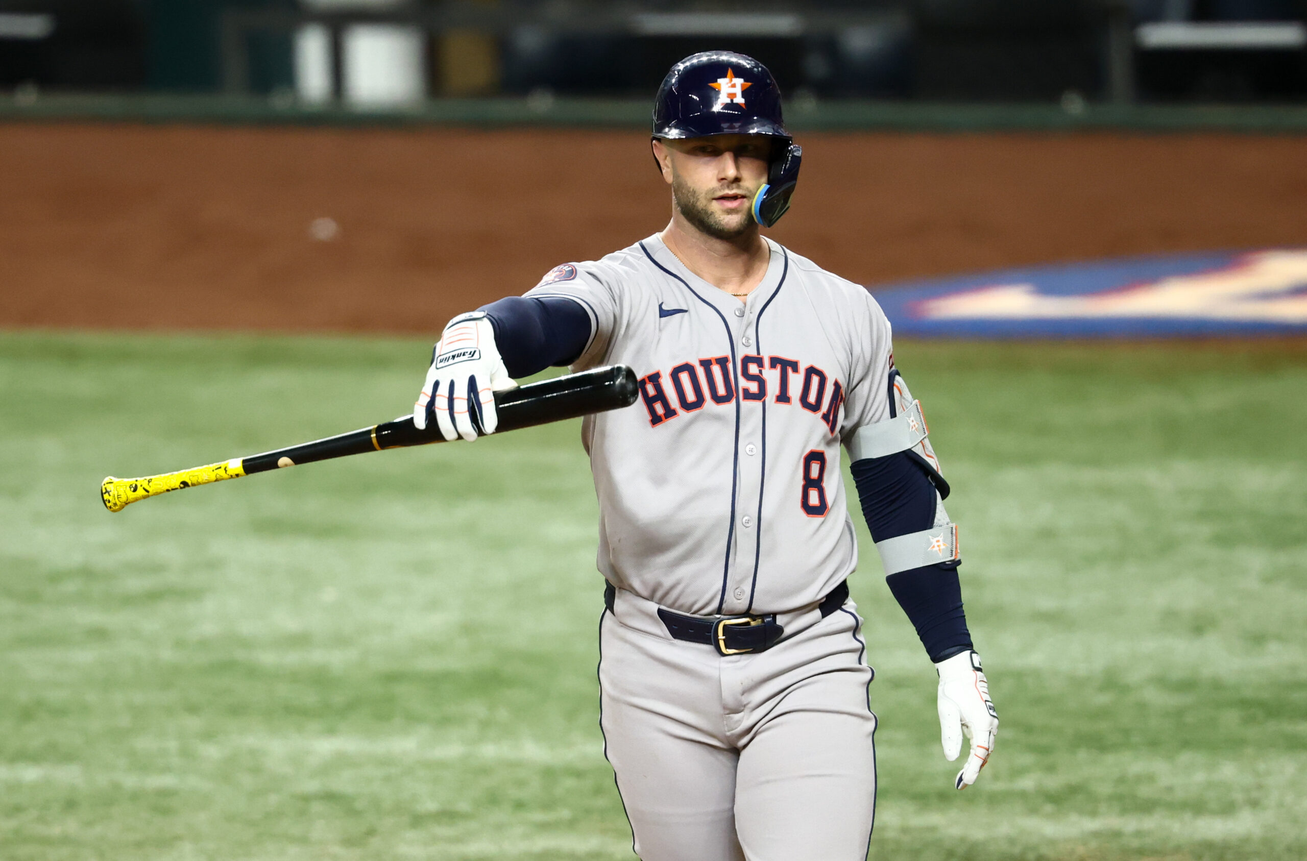Sep 5, 2025; Arlington, Texas, USA;  Houston Astros first baseman Christian Walker (8) reacts after striking out during the sixth inning against the Texas Rangers at Globe Life Field. Mandatory Credit: Kevin Jairaj-Imagn Images