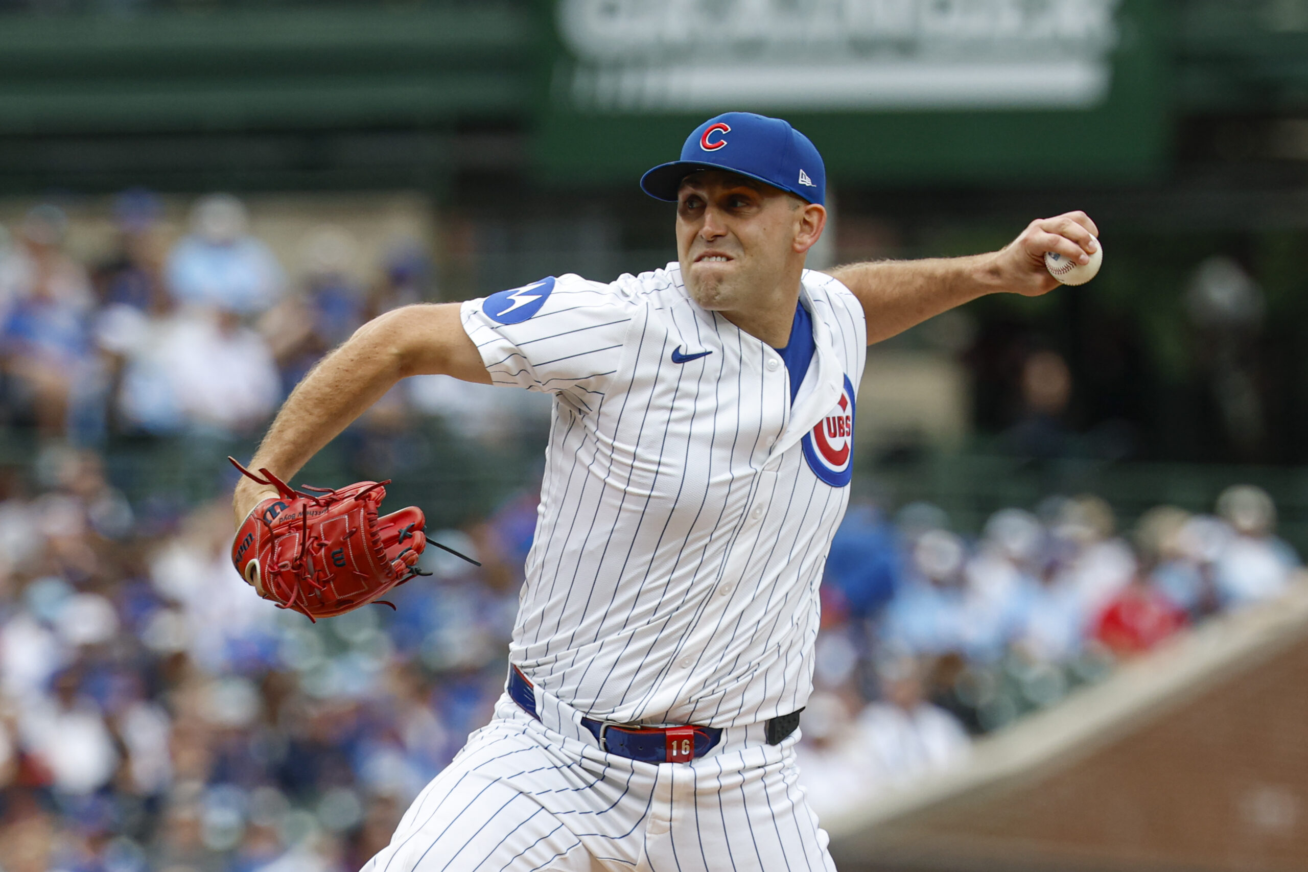 Sep 6, 2025; Chicago, Illinois, USA; Chicago Cubs starting pitcher Matthew Boyd (16) delivers a pitch against the Washington Nationals during the first inning at Wrigley Field. Mandatory Credit: Kamil Krzaczynski-Imagn Images