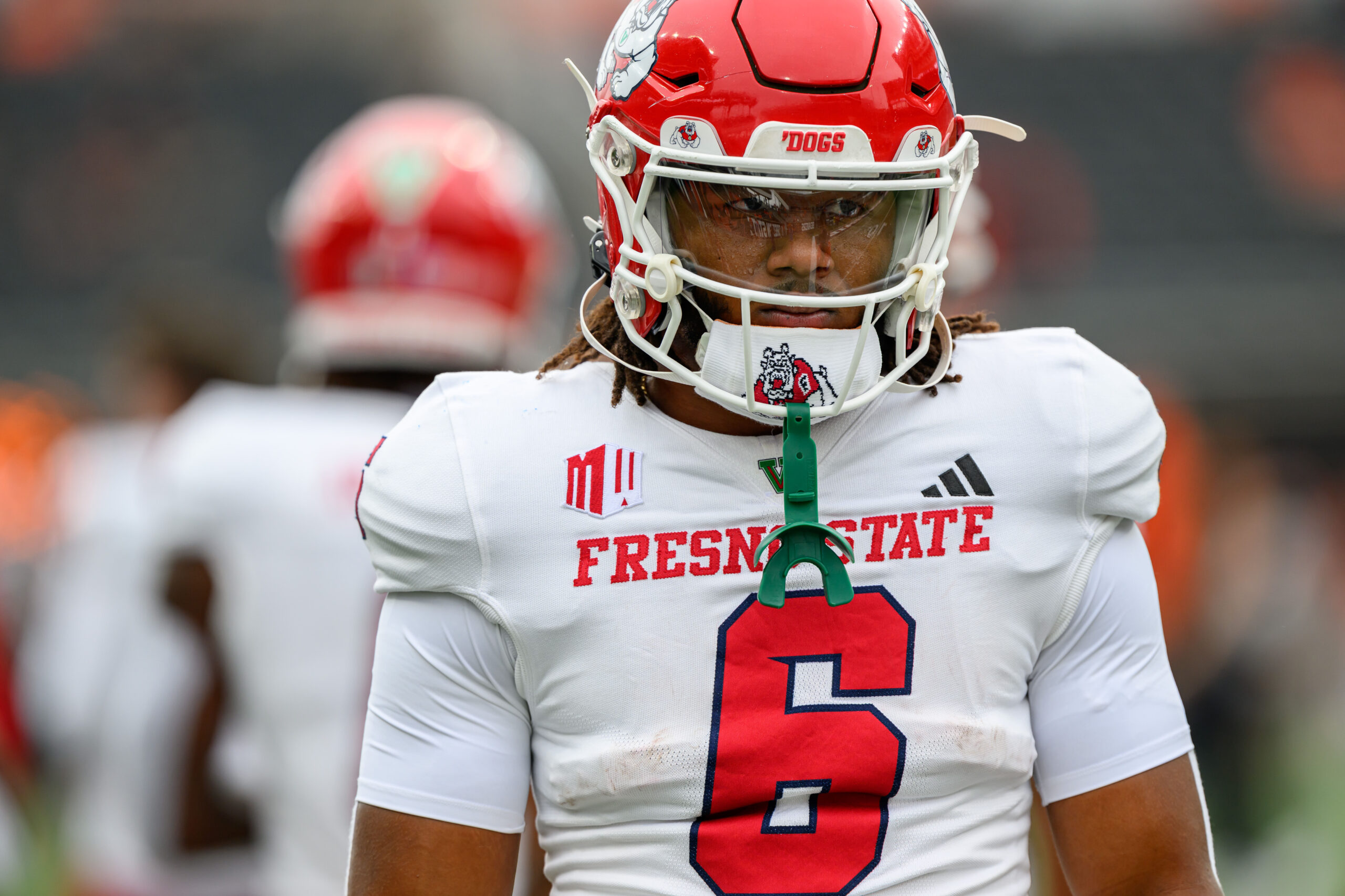 Sep 6, 2025; Corvallis, Oregon, USA; Fresno State Bulldogs running back Bryson Donelson (6) on the field during warmups before the game against the Oregon State Beavers at Reser Stadium. Mandatory Credit: Craig Strobeck-Imagn Images