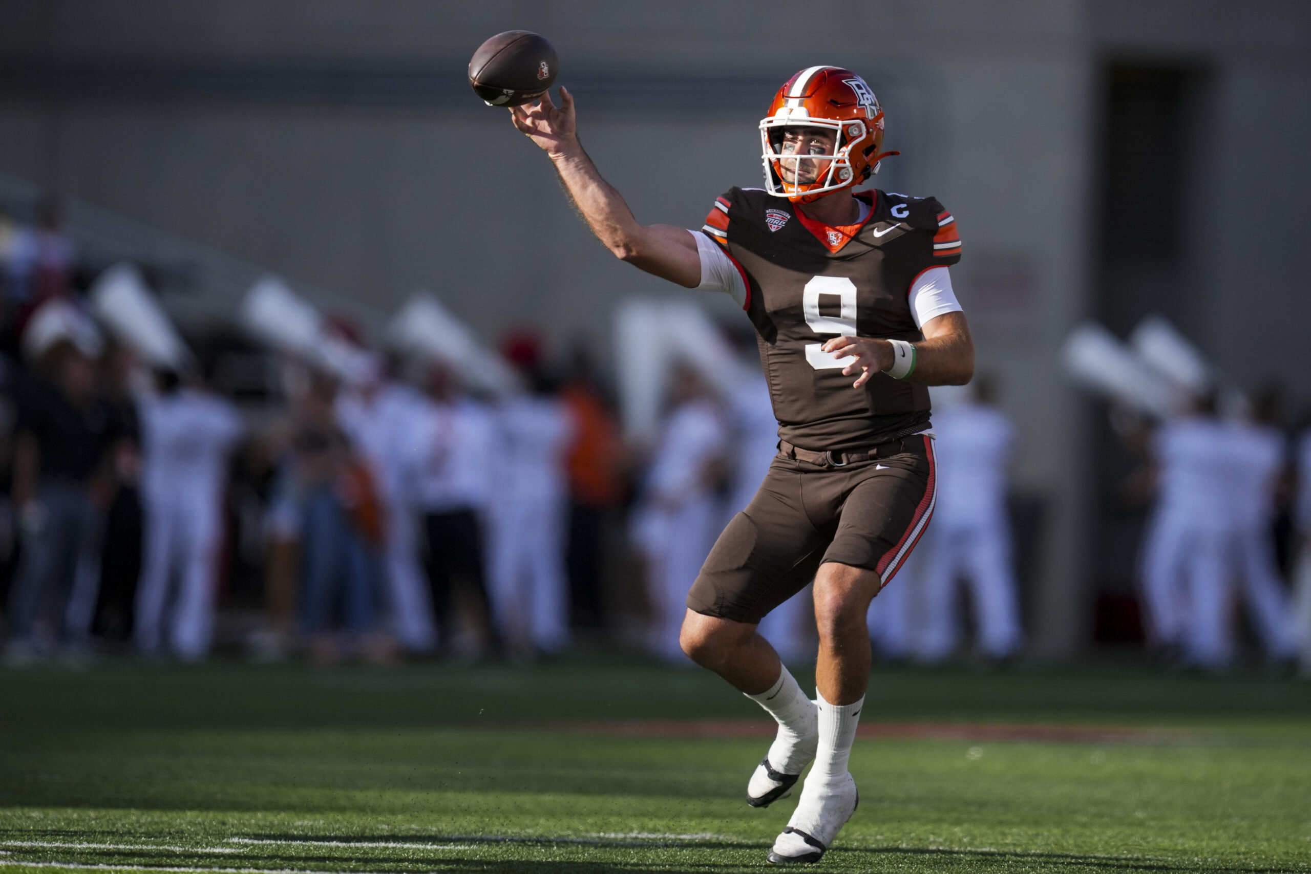 Sep 6, 2025; Cincinnati, Ohio, USA; Bowling Green Falcons quarterback Drew Pyne (9) throws a pass against the Cincinnati Bearcats in the second half at Nippert Stadium. Mandatory Credit: Aaron Doster-Imagn Images