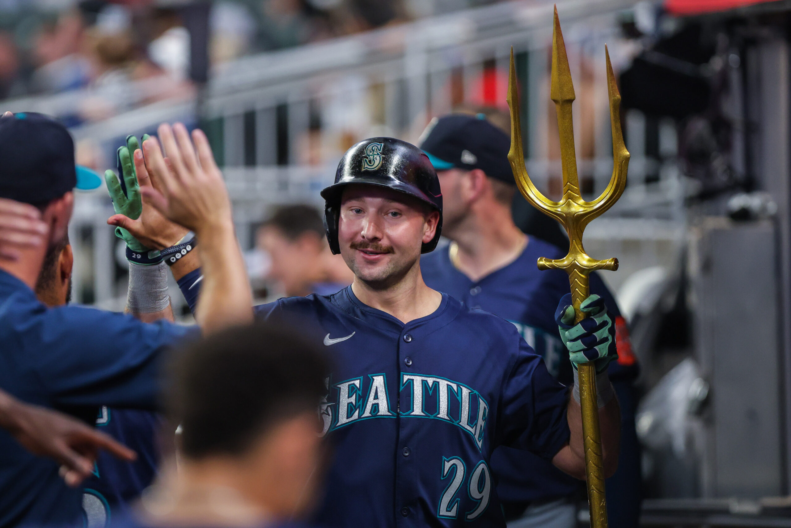 Sep 6, 2025; Cumberland, Georgia, USA; Seattle Mariners catcher Cal Raleigh (29) celebrates a home run hit against the Atlanta Braves during the ninth inning at Truist Park. Mandatory Credit: Jordan Godfree-Imagn Images