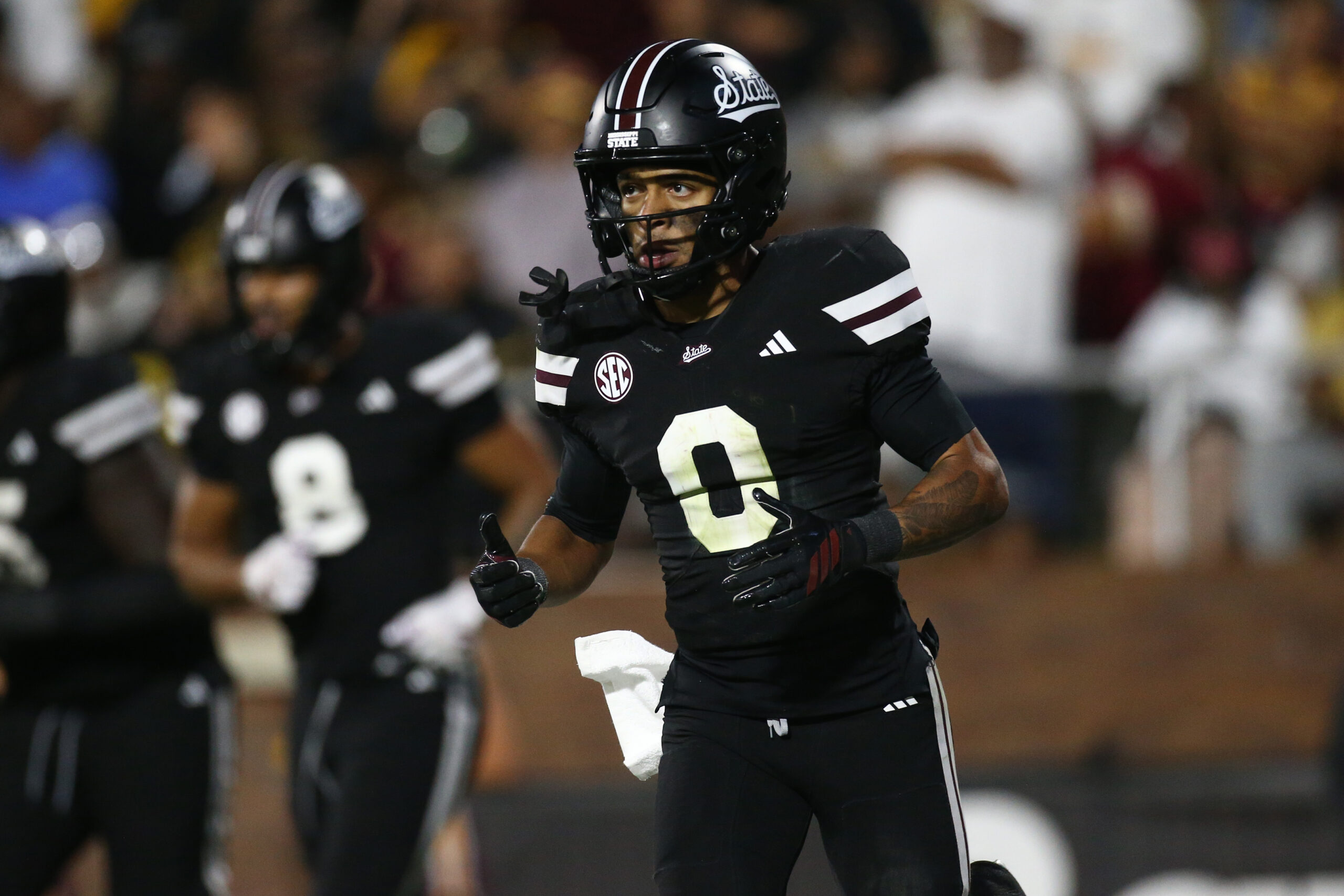 Sep 6, 2025; Starkville, Mississippi, USA; Mississippi State Bulldogs wide receiver Brenen Thompson (0) reacts after a touchdown during the fourth quarter against the Arizona State Sun Devils at Davis Wade Stadium at Scott Field. Mandatory Credit: Petre Thomas-Imagn Images