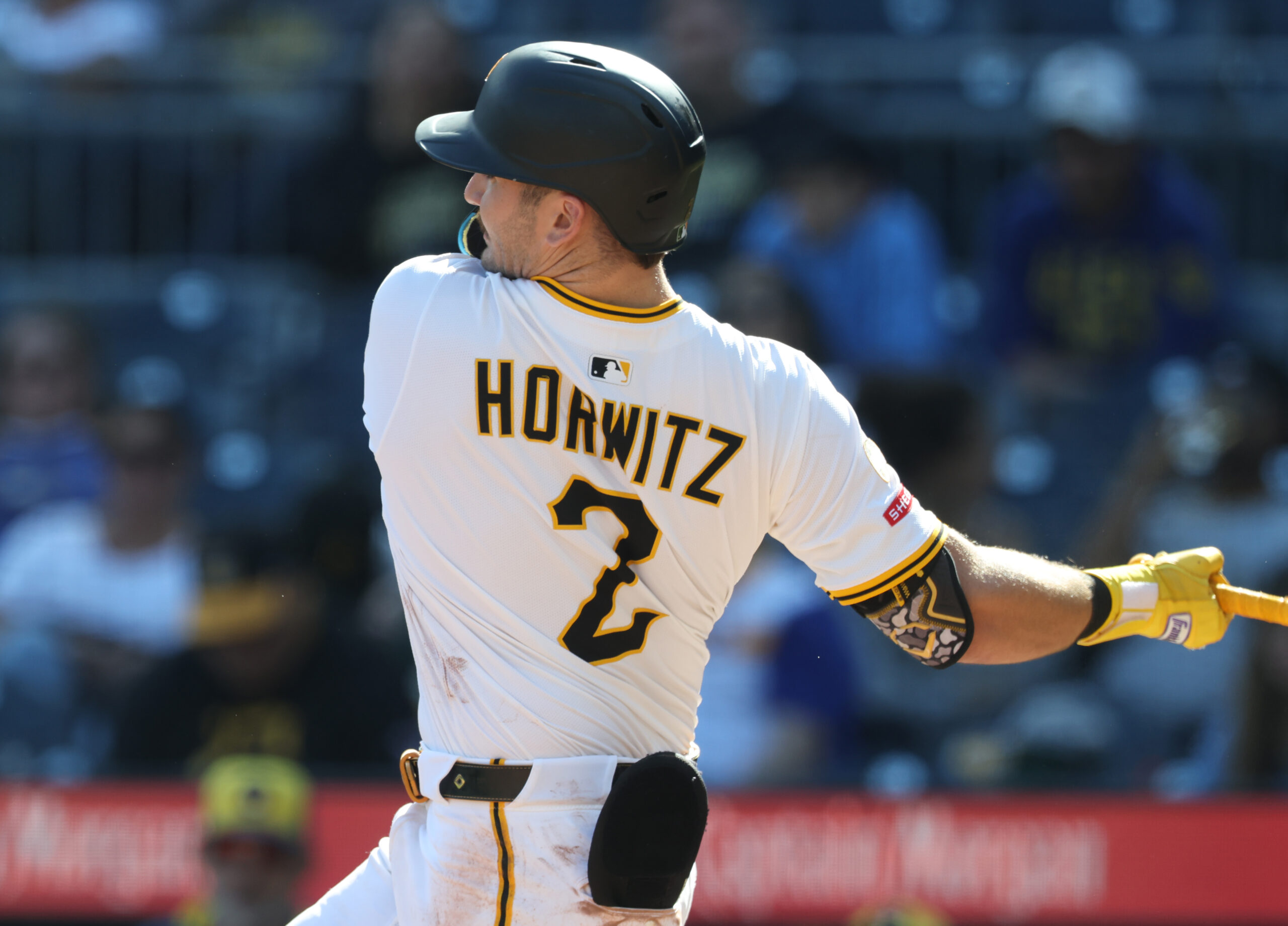 Sep 7, 2025; Pittsburgh, Pennsylvania, USA;  Pittsburgh Pirates first baseman Spencer Horwitz (2) hits a single against the Milwaukee Brewers during the eighth inning at PNC Park. Mandatory Credit: Charles LeClaire-Imagn Images