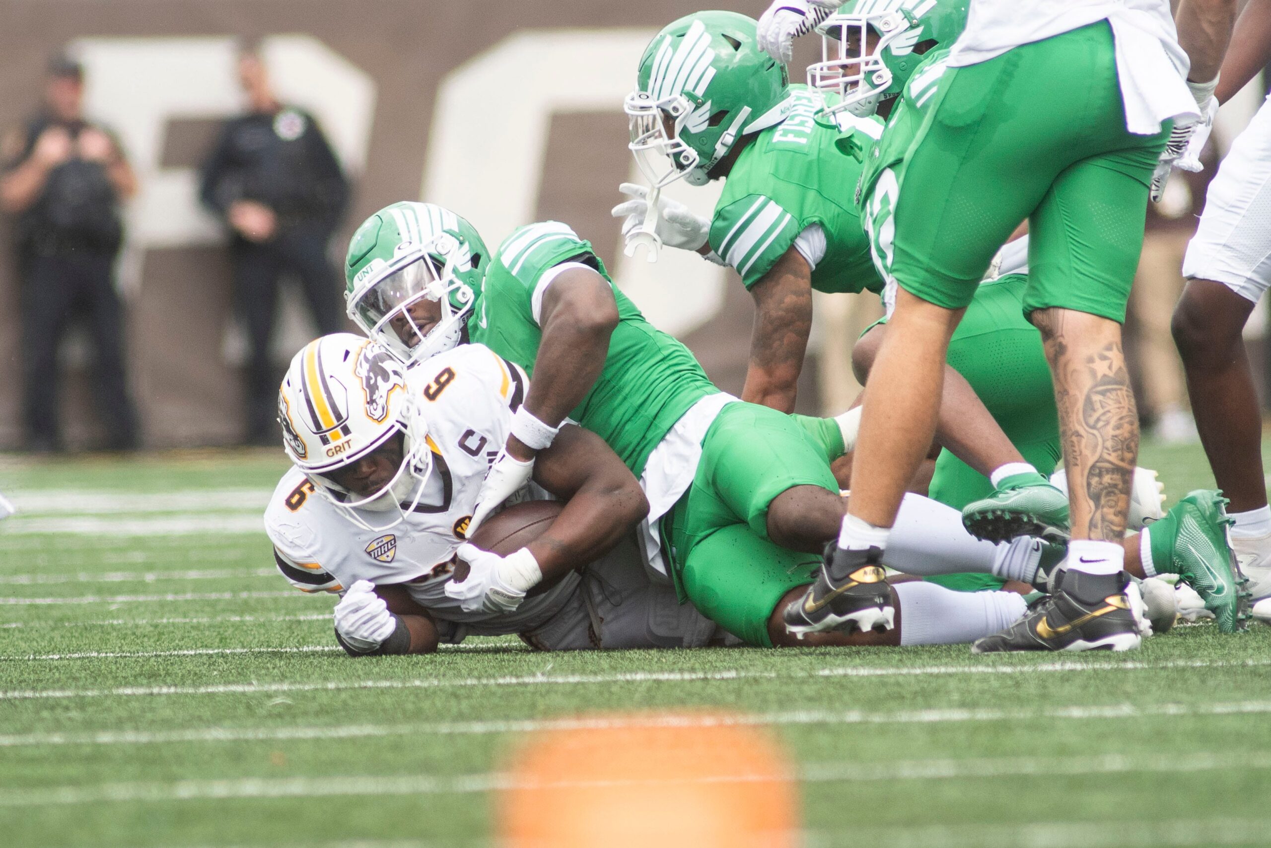 Western Michigan junior Jalen Buckley is brought down during the home-opening game against North Texas at Western Michigan University on Saturday, Sept. 6, 2025.