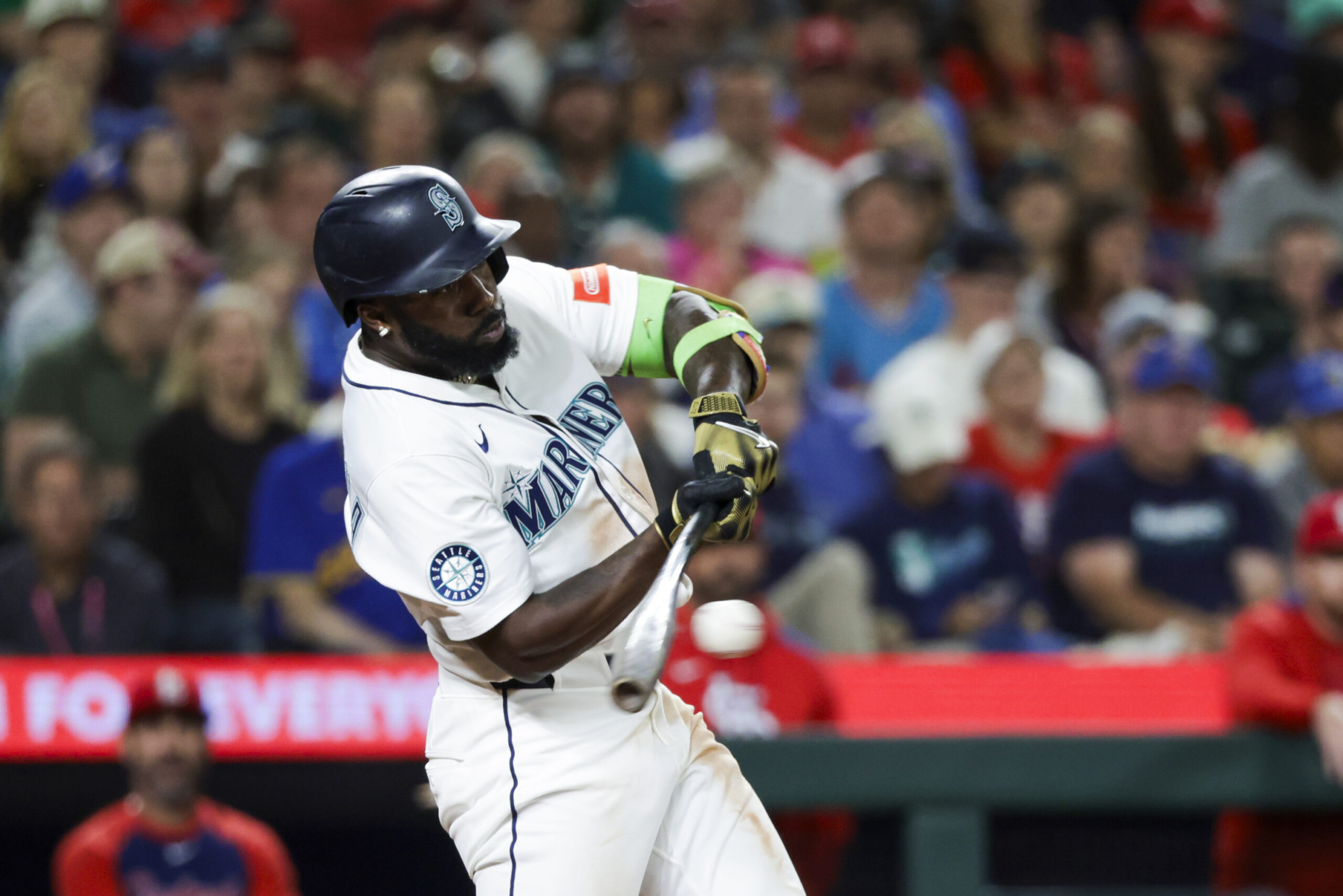 Sep 8, 2025; Seattle, Washington, USA; Seattle Mariners left fielder Randy Arozarena (56) hits a single against the St. Louis Cardinals during the sixth inning at T-Mobile Park. Mandatory Credit: Joe Nicholson-Imagn Images