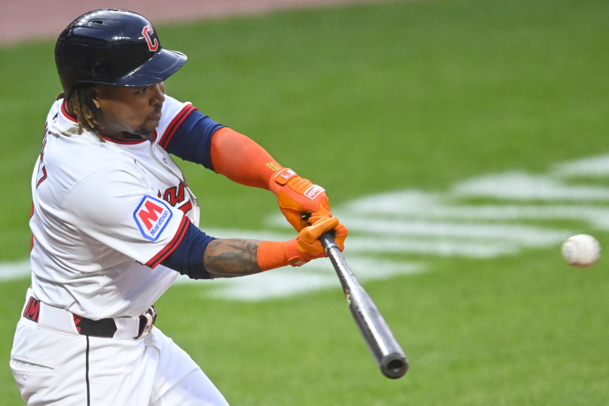 Sep 9, 2025; Cleveland, Ohio, USA; Cleveland Guardians third baseman Jose Ramirez (11) doubles in the fourth inning against the Kansas City Royals at Progressive Field. Mandatory Credit: David Richard-Imagn Images