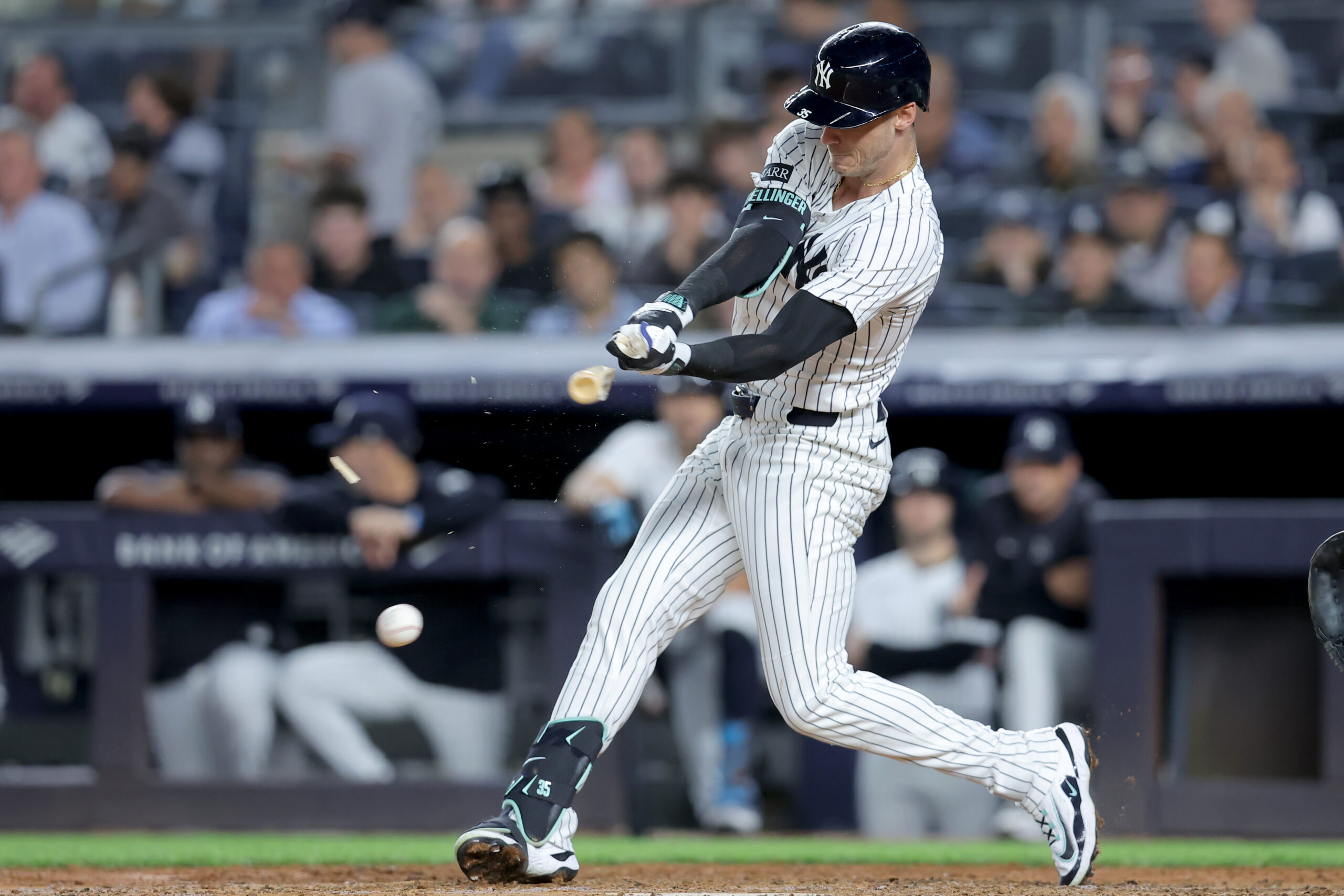 Sep 9, 2025; Bronx, New York, USA; New York Yankees left fielder Cody Bellinger (35) breaks his bat on a ground out during the sixth inning against the Detroit Tigers at Yankee Stadium. Mandatory Credit: Brad Penner-Imagn Images
