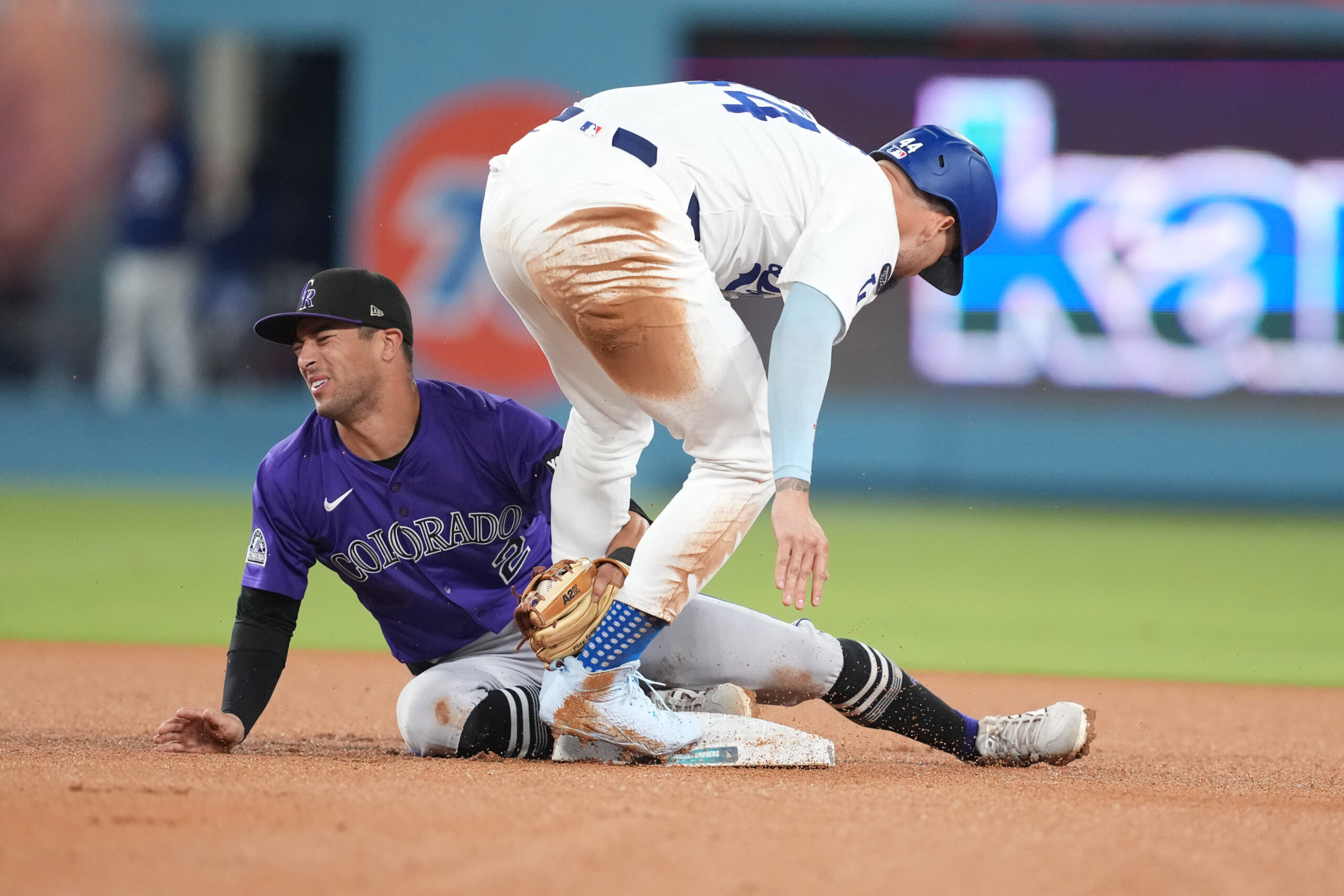 n Sep 9, 2025; Los Angeles, California, USA; Los Angeles Dodgers center fielder Andy Pages (44) advances to second base to beat a throw to Colorado Rockies right fielder Tyler Freeman (2) in the fifth inning at Dodger Stadium. Mandatory Credit: Kirby Lee-Imagn Images