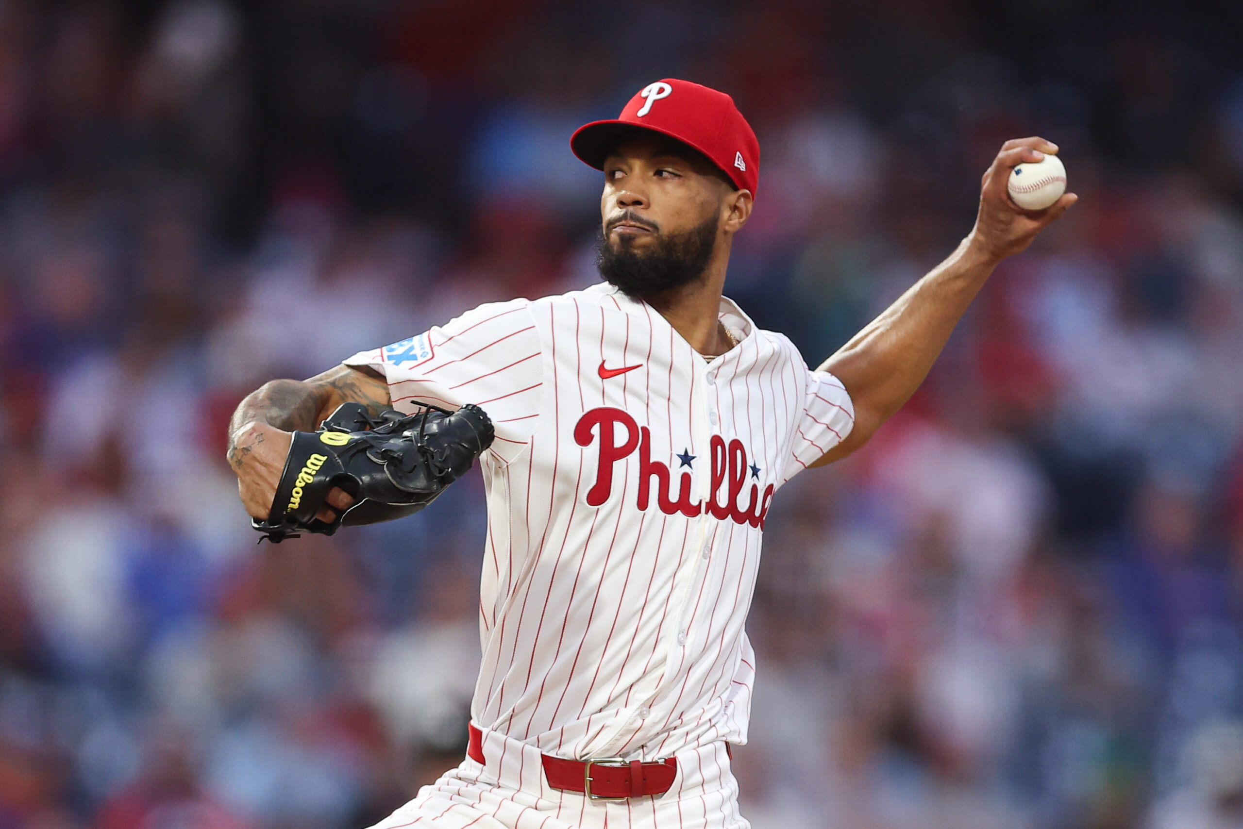 Sep 10, 2025; Philadelphia, Pennsylvania, USA; Philadelphia Phillies pitcher Cristopher Sanchez (61) throws a pitch against the New York Mets during the first inning at Citizens Bank Park. Mandatory Credit: Bill Streicher-Imagn Images